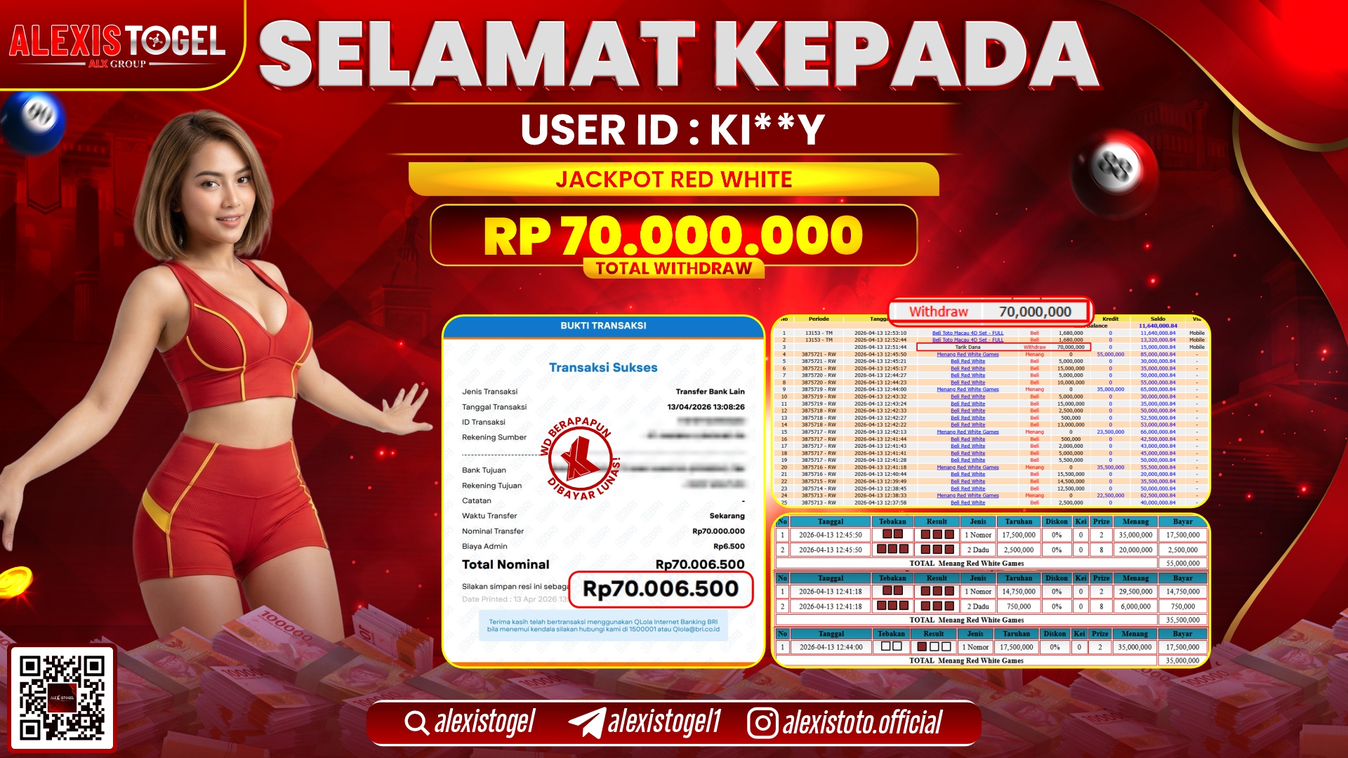 ALEXISTOGEL di Jackpot di CASINO RED WHITE GAMES RP.70.000.000,- LUNAS 