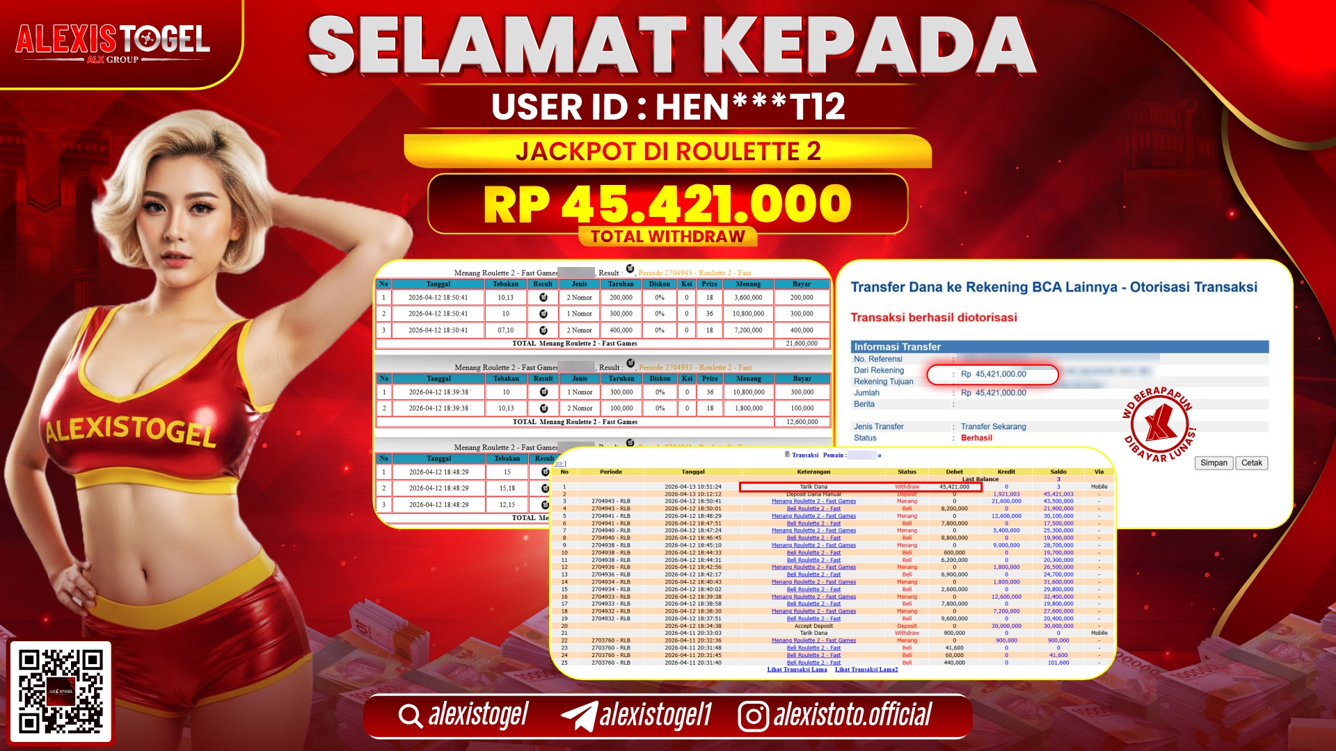 ALEXISTOGEL di Jackpot di CASINO ROULETTE 2 GAMES RP.45.421.000,- LUNAS 