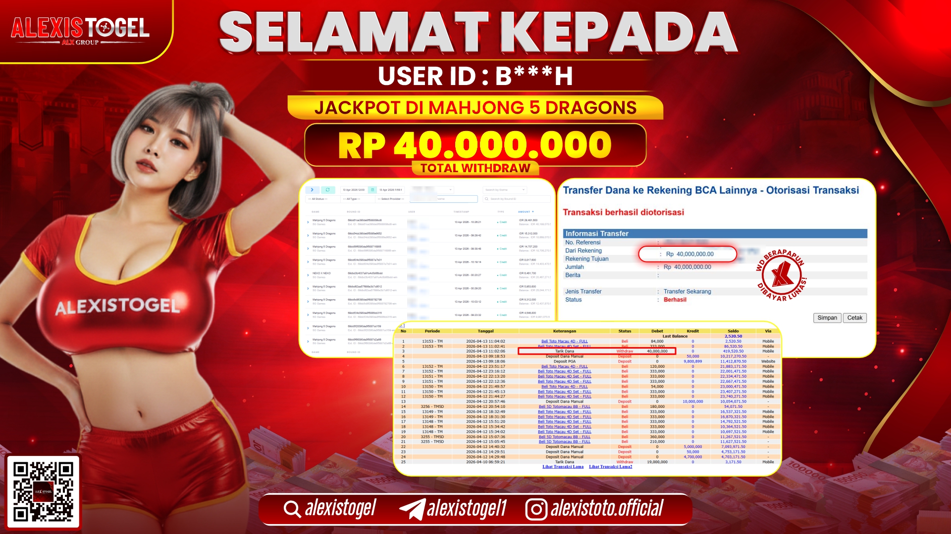 ALEXISTOGEL di Jackpot di SLOT GAME MAHJONG 5 DRAGONS RP.40.000.000,- LUNAS 