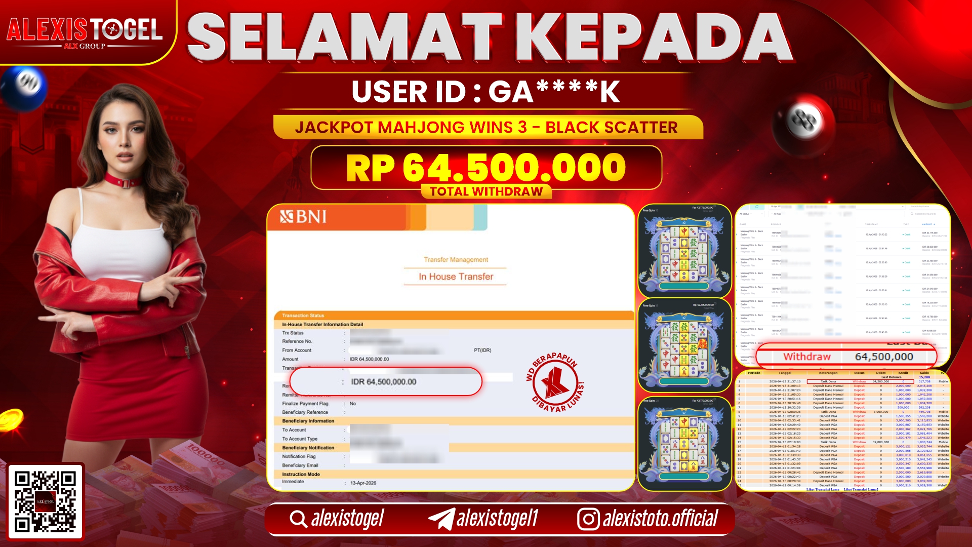 ALEXISTOGEL di Jackpot di SLOT MAHJONG WINS 3 BLACK SCATTER  RP.64.500.000,- LUNAS