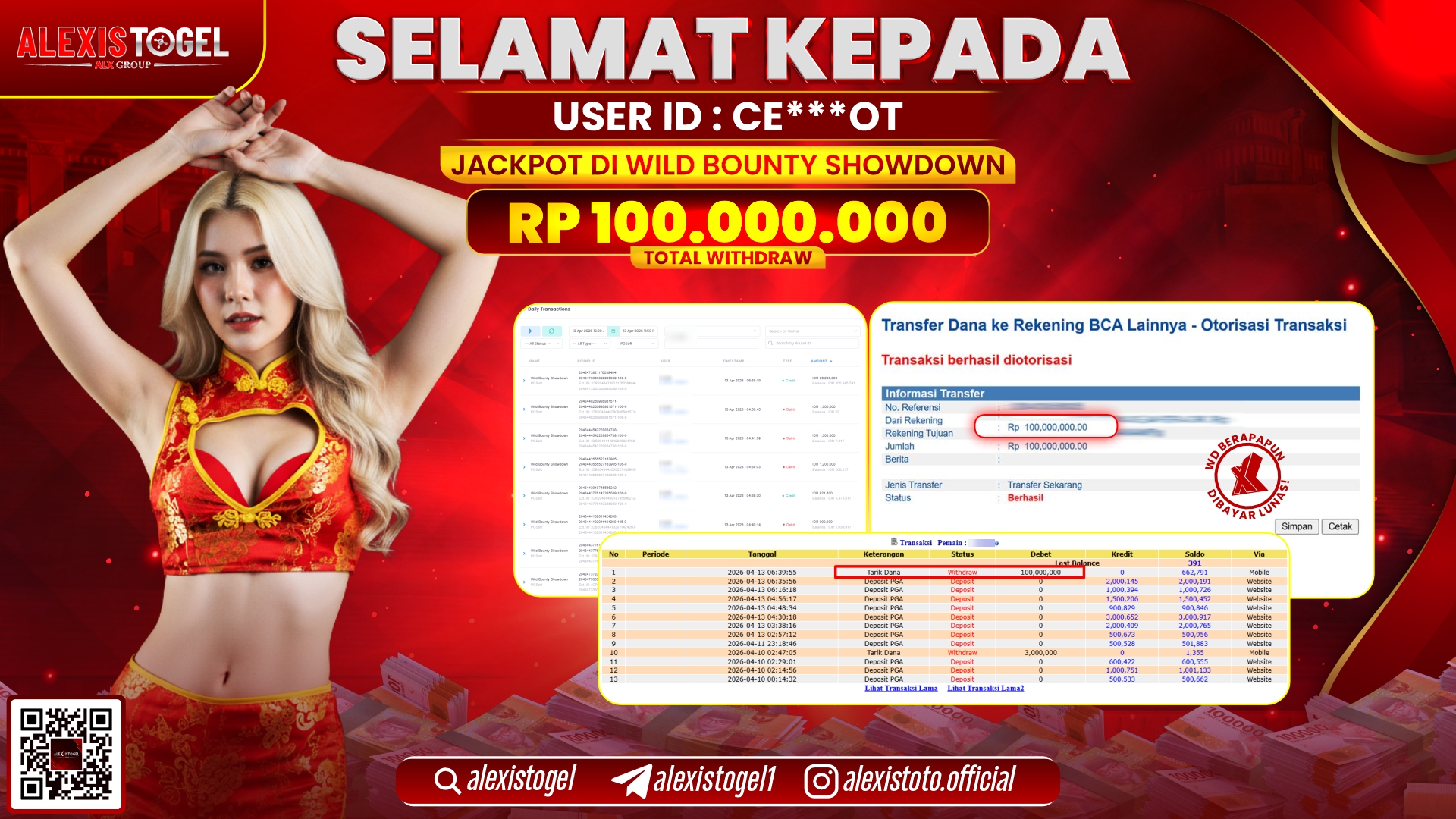ALEXISTOGEL di Jackpot di SLOT GAME WILD BOUNTY SHOWDOWN RP.100.000.000,- LUNAS