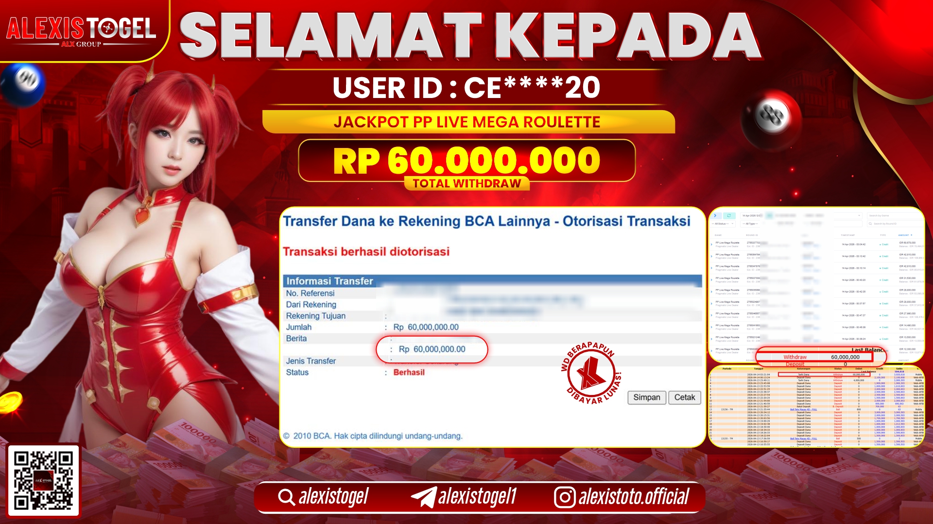 ALEXISTOGEL di Jackpot di PP LIVE MEGA ROULETTE RP.60.000.000,- LUNAS