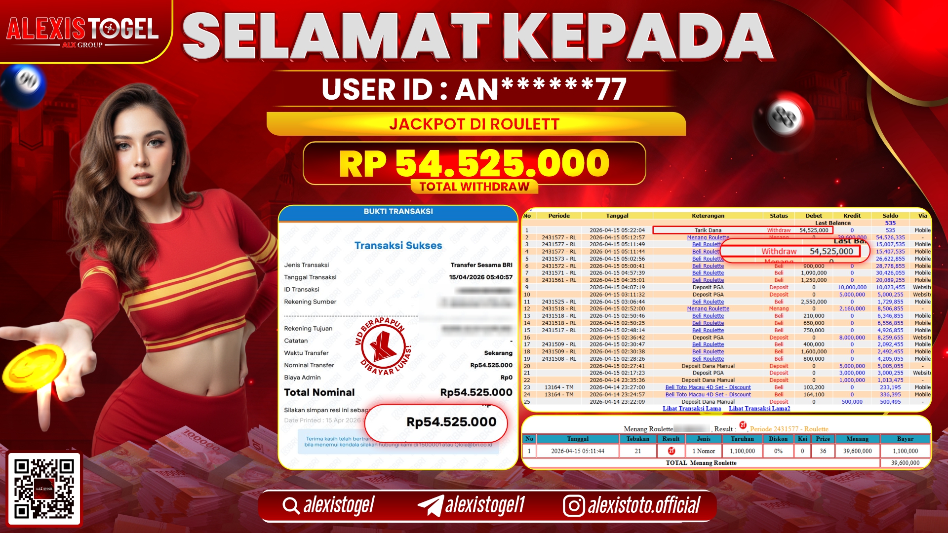 ALEXISTOGEL JACKPOT DI CASINO ROULETTE RP.54.525.000,- LUNAS