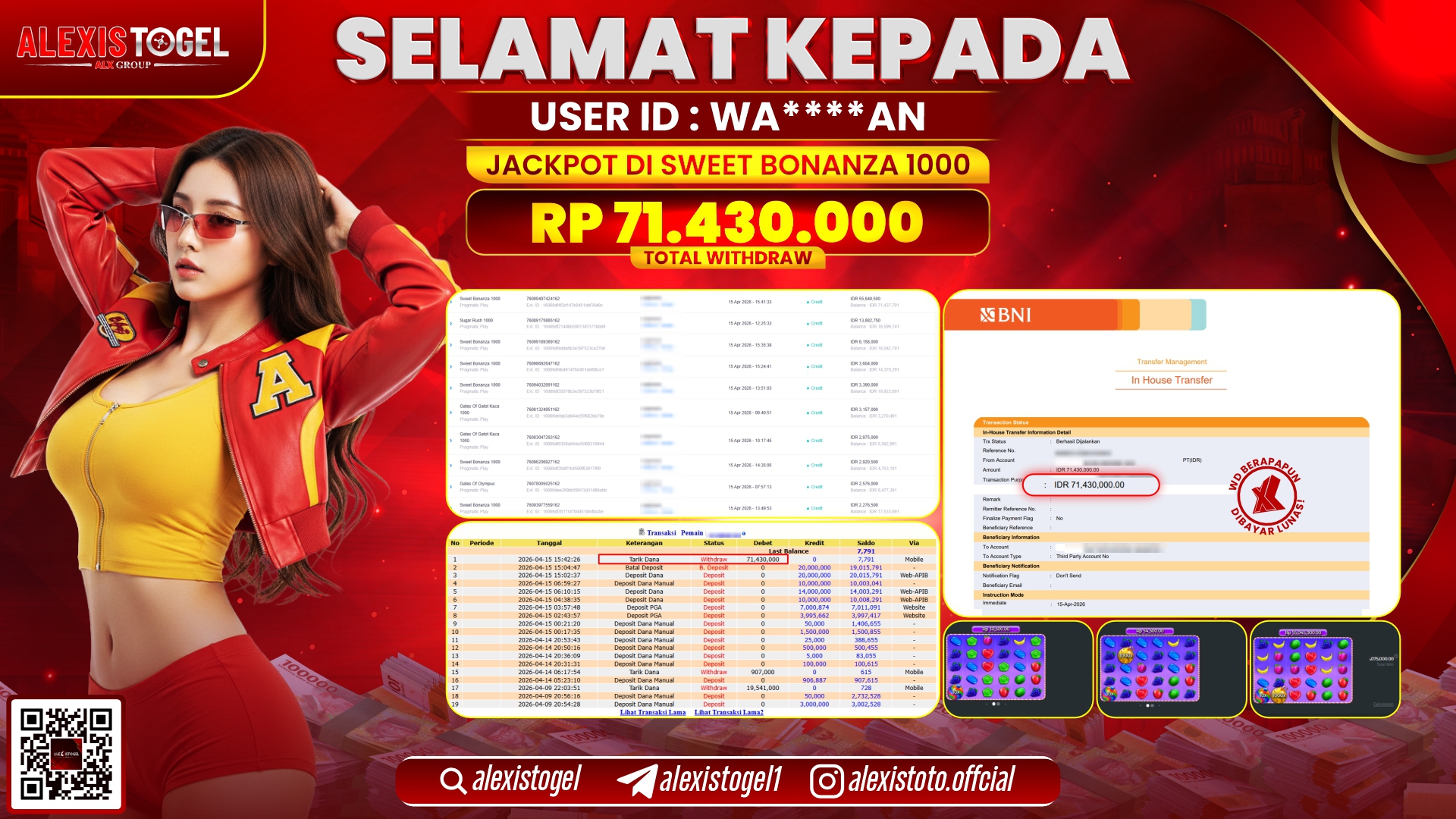 ALEXISTOGEL JACKPOT DI SLOT GAME SWEET BONANZA 1000 RP.71.430.000,- LUNAS