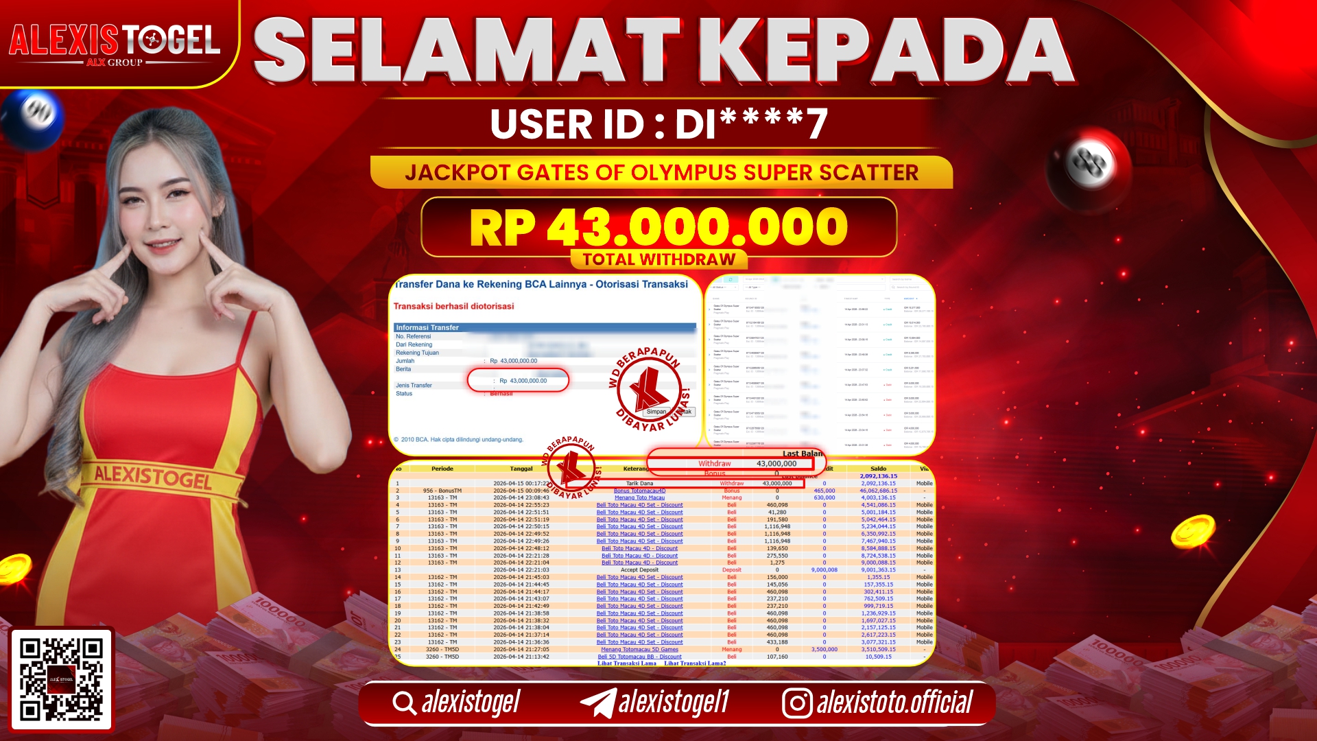 ALEXISTOGEL di Jackpot di SLOT GAME GATES OF OLYMPUS SUPER SCATTER RP.43.000.000,- LUNAS
