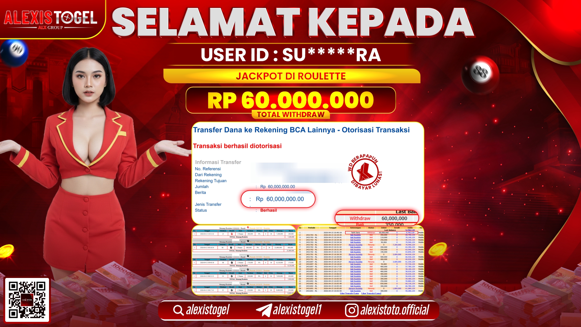 ALEXISTOGEL JACKPOT DI CASINO ROULETTE RP.60.000.000,- LUNAS