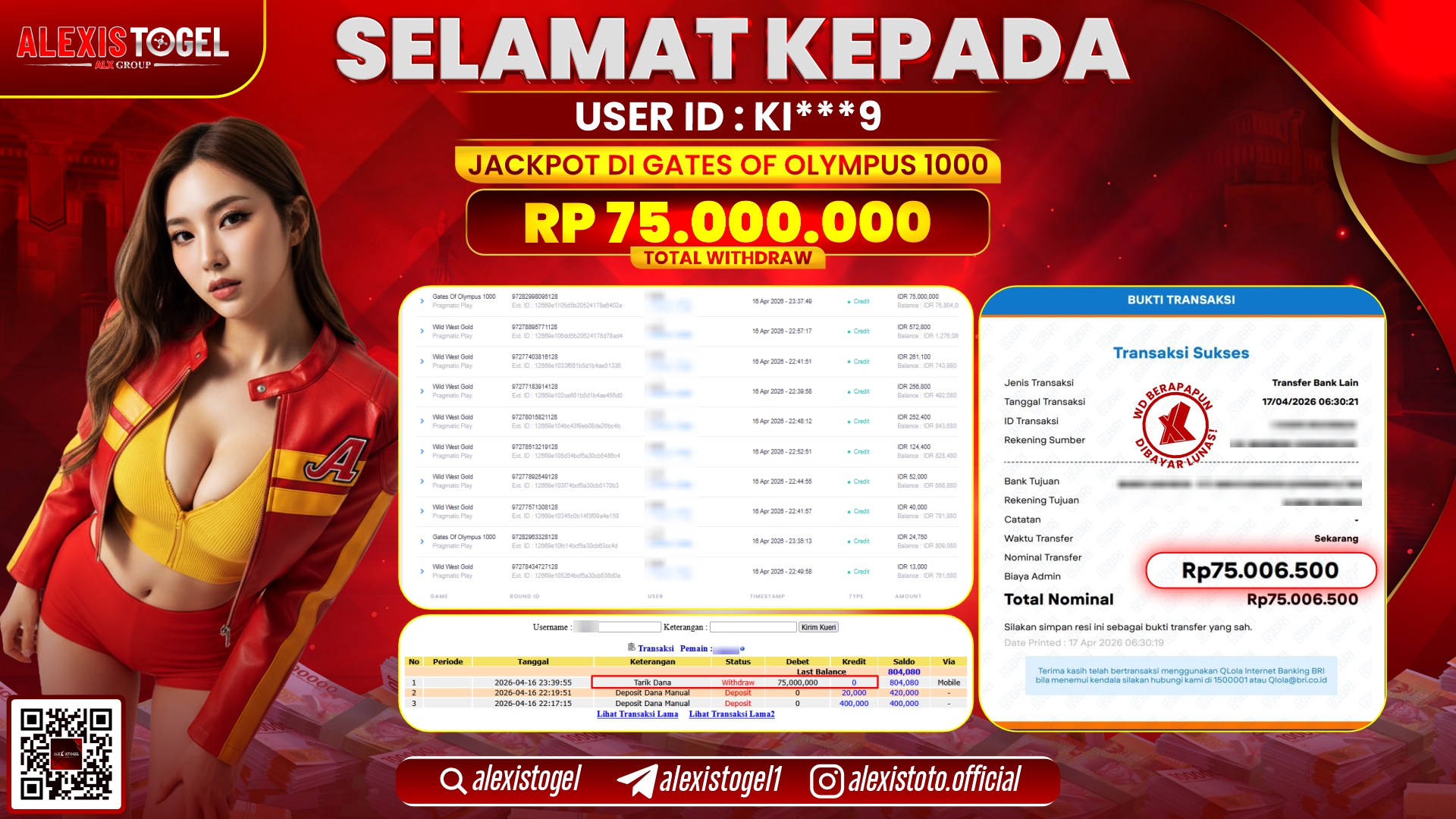 ALEXISTOGEL JACKPOT DI SLOT GAME GATES OF OLYMPUS 1000 RP.75.000.000,- LUNAS