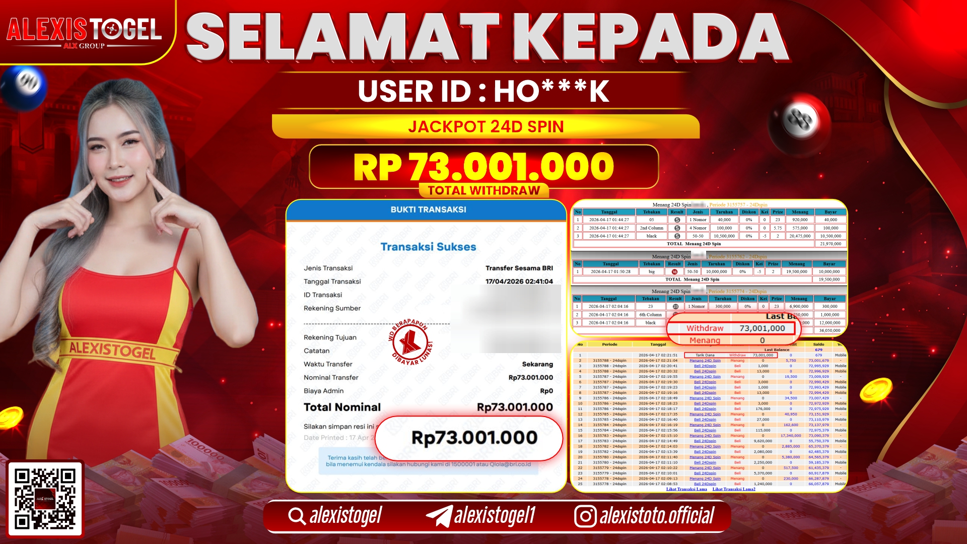 ALEXISTOGEL JACKPOT DI LIVE CASINO GAME 24D SPIN RP.73.001.000,- LUNAS