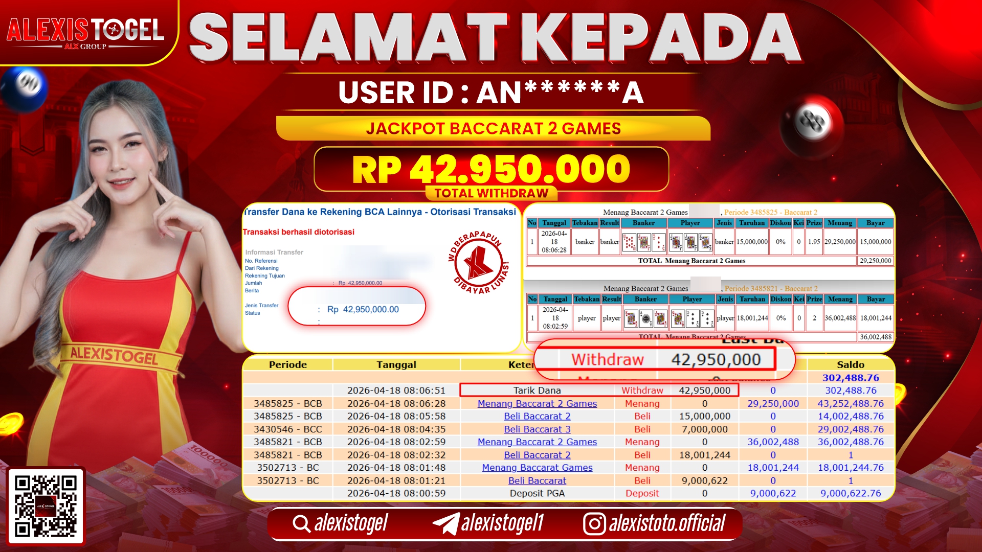 ALEXISTOGEL JACKPOT DI CASINO BACCARAT 2 GAMES RP.42.950.000,- LUNAS