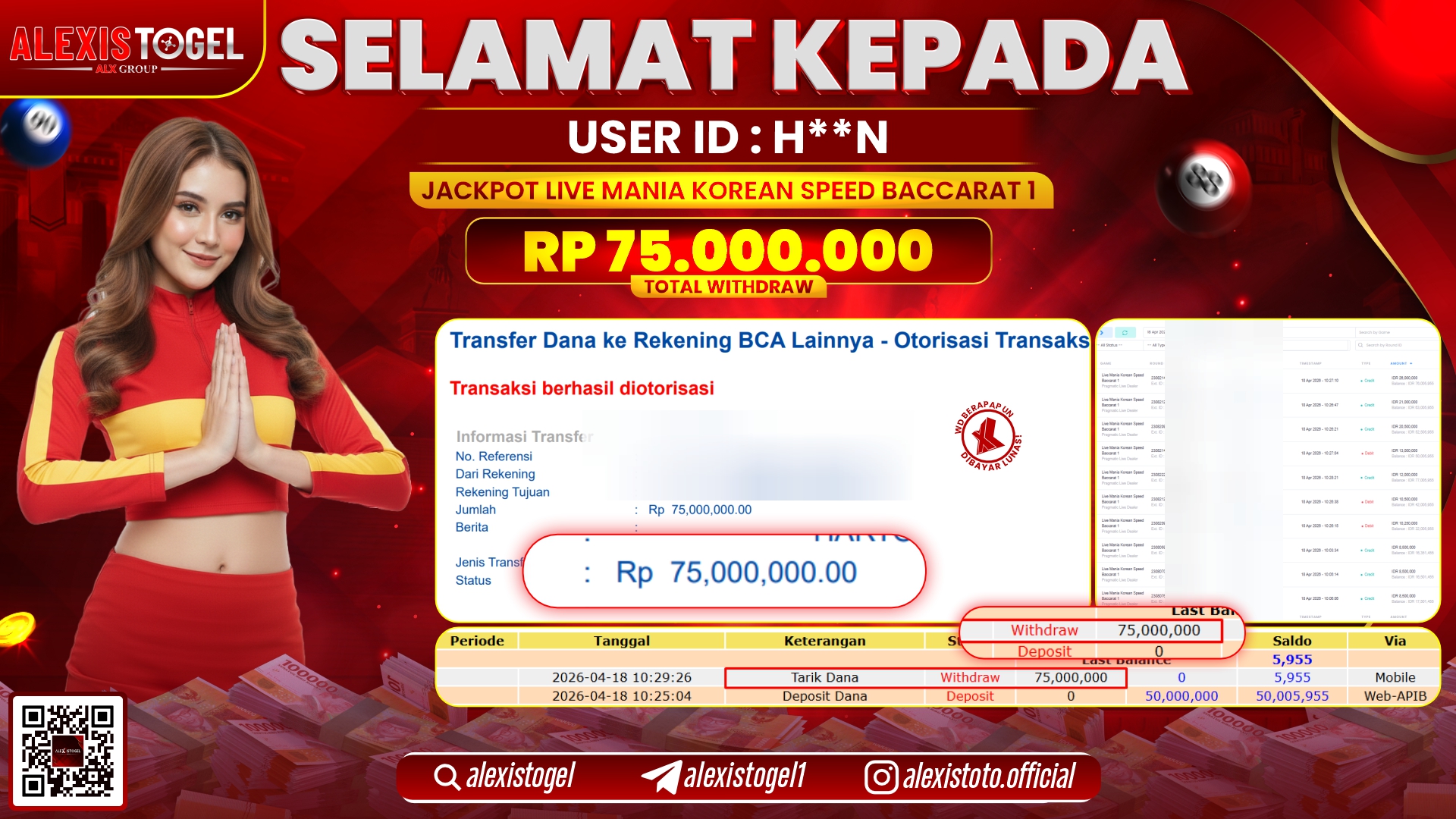 ALEXISTOGEL JACKPOT DI LIVE MANIA KOREAN SPEED BACCARAT 1 RP.75.000.000,- LUNAS