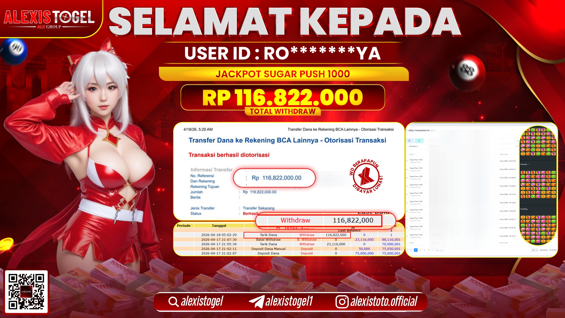 ALEXISTOGEL JACKPOT DI SLOT GAME SUGAR RUSH 1000 RP.116.822.000,- LUNAS