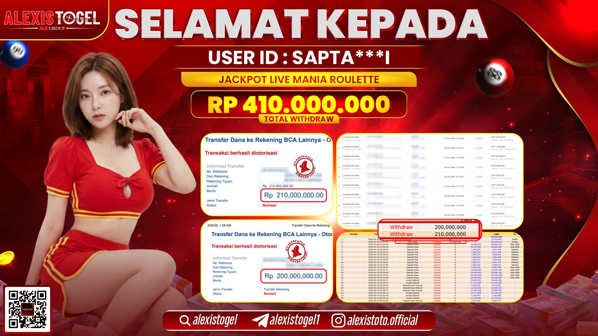ALEXISTOGEL JACKPOT DI LIVE MANIA ROULETTE RP.410.000.000,- LUNAS