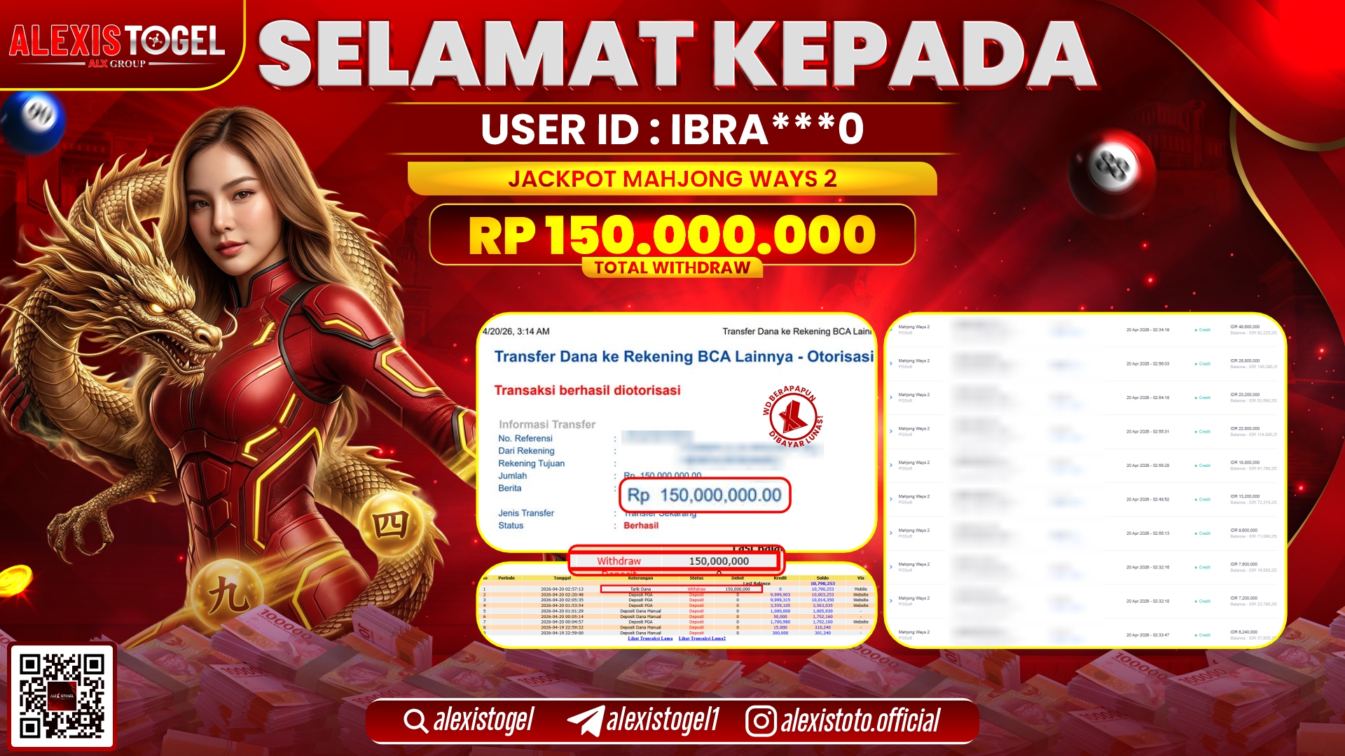 ALEXISTOGEL JACKPOT DI SLOT GAME MAHJONG WAYS 2 RP.150.000.000,- LUNAS