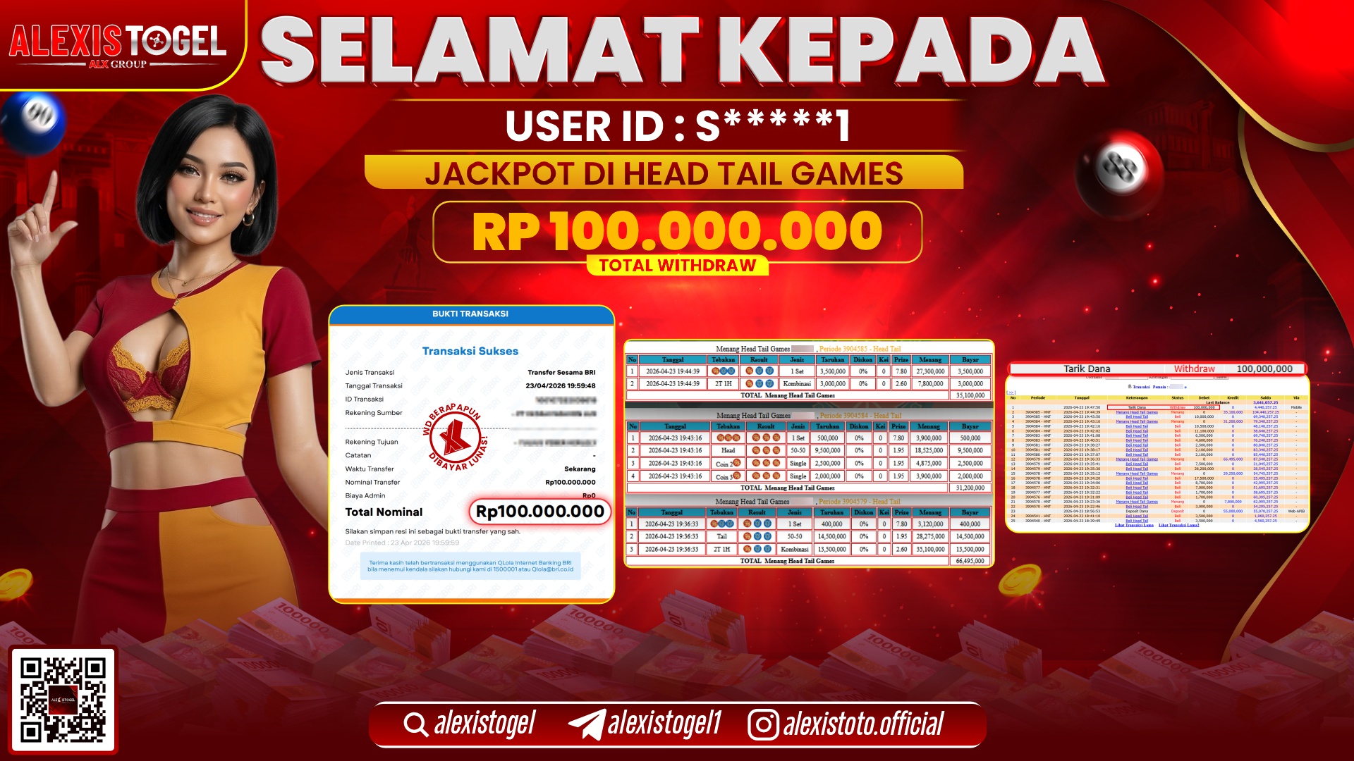 ALEXISTOGEL JACKPOT DI CASINO HEAD TAIL GAMES RP.100.000.000,- LUNAS
