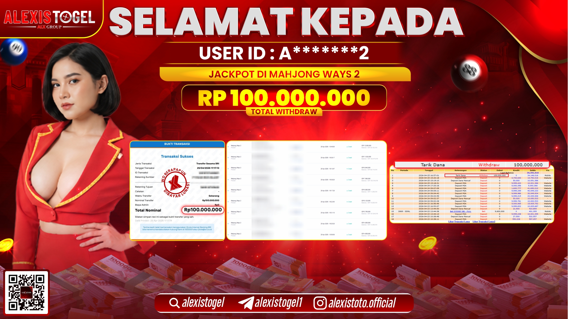 ALEXISTOGEL JACKPOT DI SLOT GAME MAHJONG WAYS 2 RP.100.000.000,- LUNAS