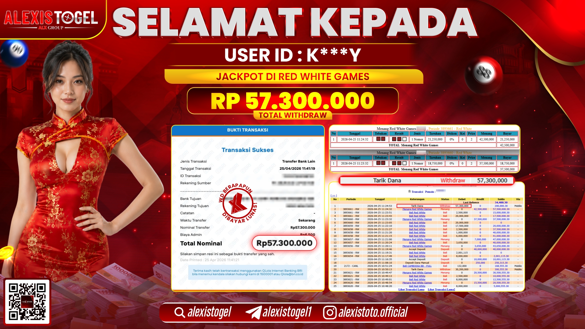 ALEXISTOGEL JACKPOT DI CASINO RED WHITE GAMES RP.57.300.000,- LUNAS