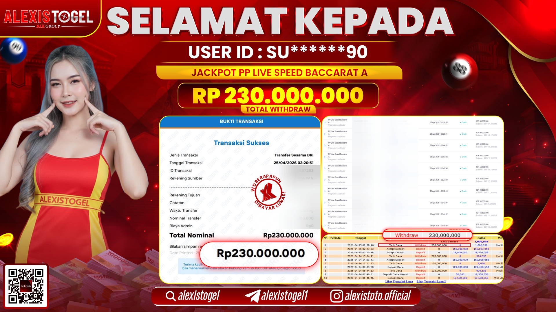 ALEXISTOGEL JACKPOT DI PP LIVE BACCARAT RP.230.000.000,- LUNAS