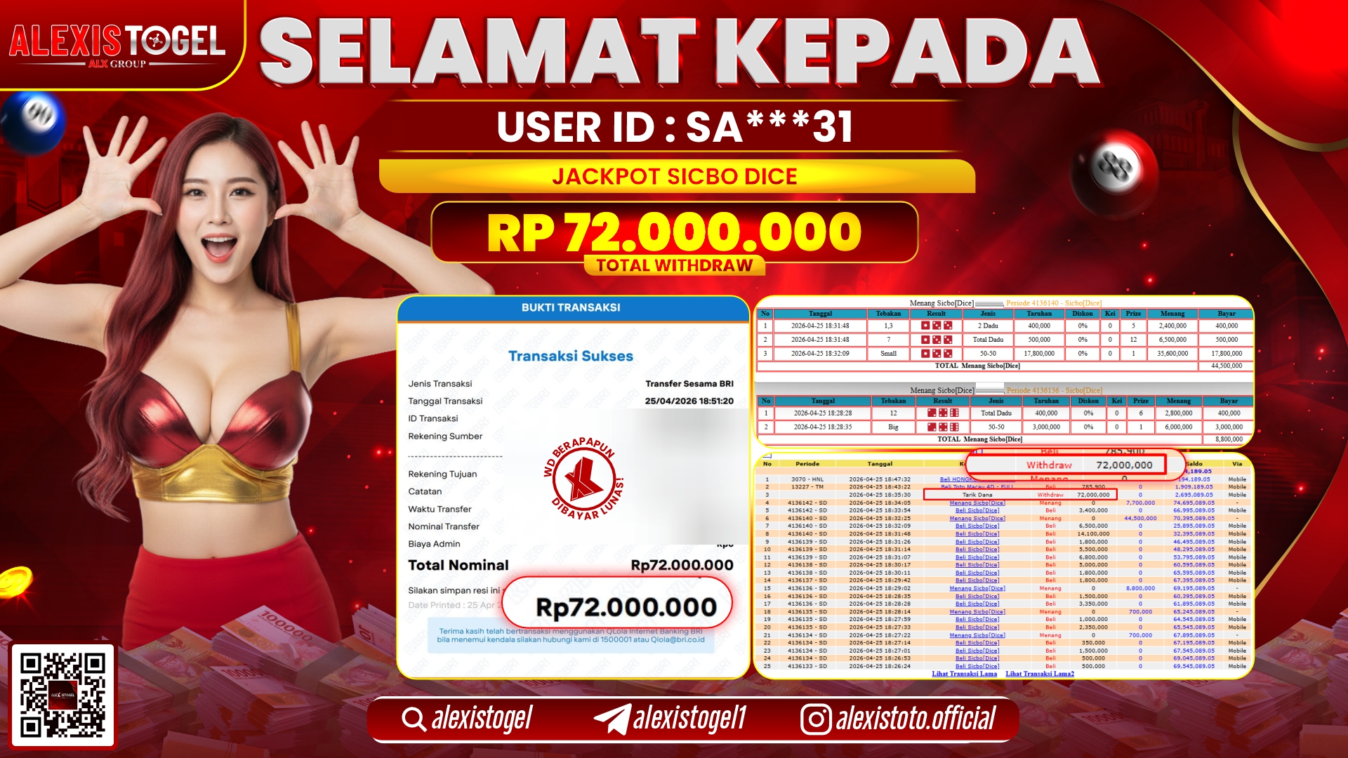 ALEXISTOGEL JACKPOT DI CASINO SICBO DICE GAMES RP.72.000.000,- LUNAS