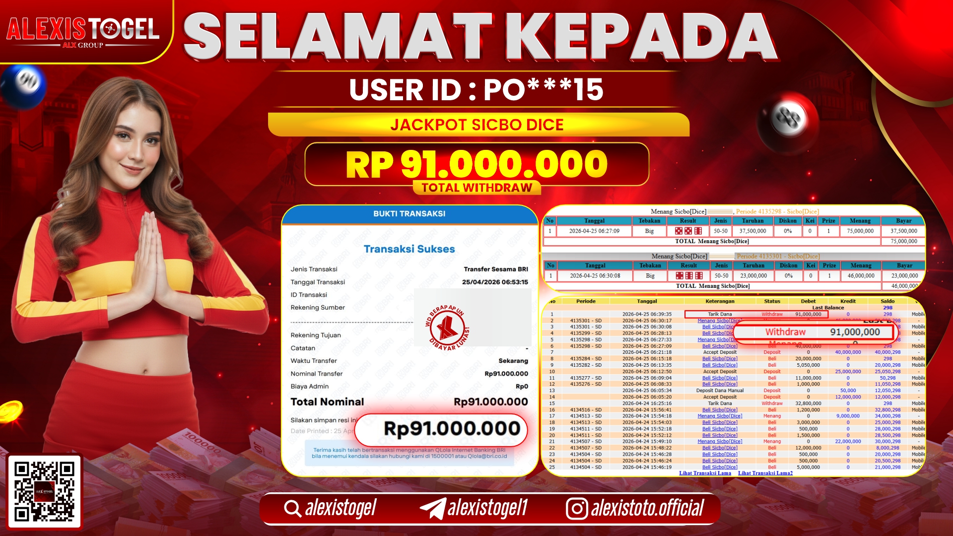ALEXISTOGEL JACKPOT DI CASINO SICBO DICE RP.91.000.000,- LUNAS