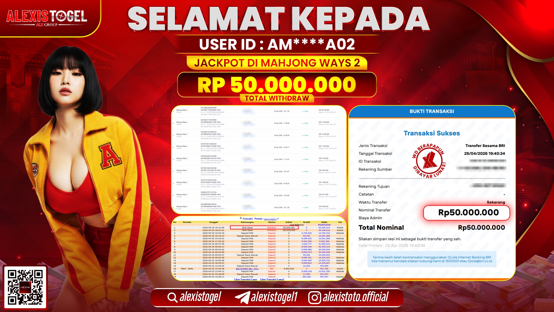 ALEXISTOGEL JACKPOT DI SLOT GAME MAHJONG WAYS 2 RP.50.000.000,- LUNAS