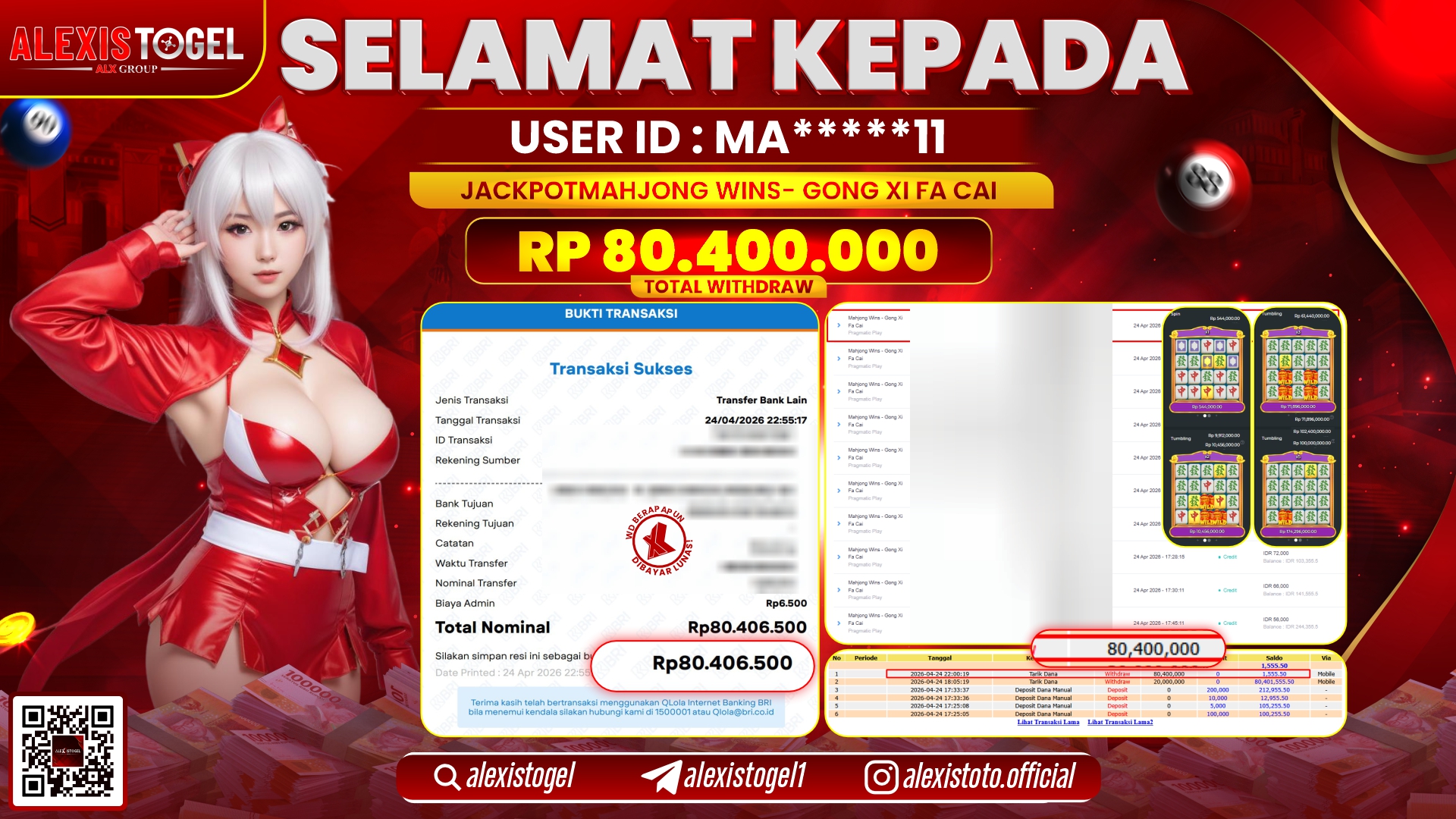 ALEXISTOGEL JACKPOT DI SLOT GAME MAHJONG WINS - GONG XI FA CAI RP.80.400.000,- LUNAS