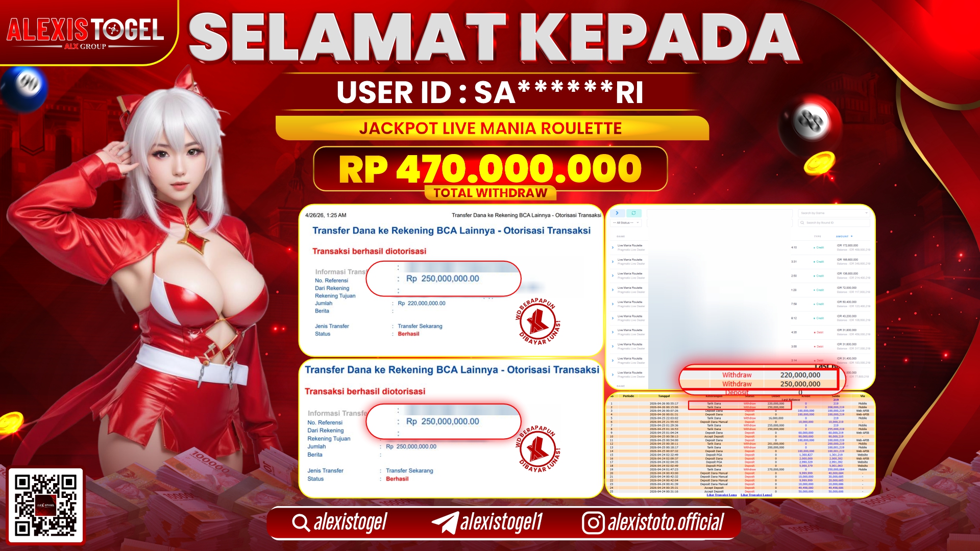 ALEXISTOGEL JACKPOT DI LIVE MANIA ROULETTE RP.470.000.000,- LUNAS