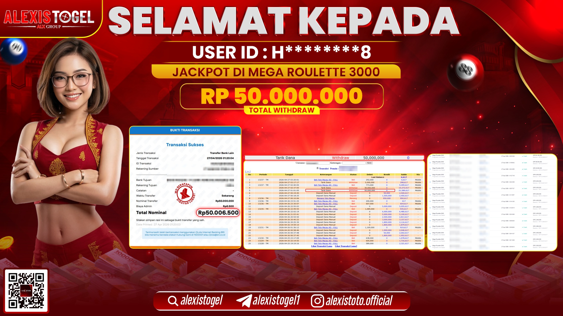 ALEXISTOGEL JACKPOT DI CASINO GAME MEGA ROULETTE 3000 RP.50.000.000,- LUNAS