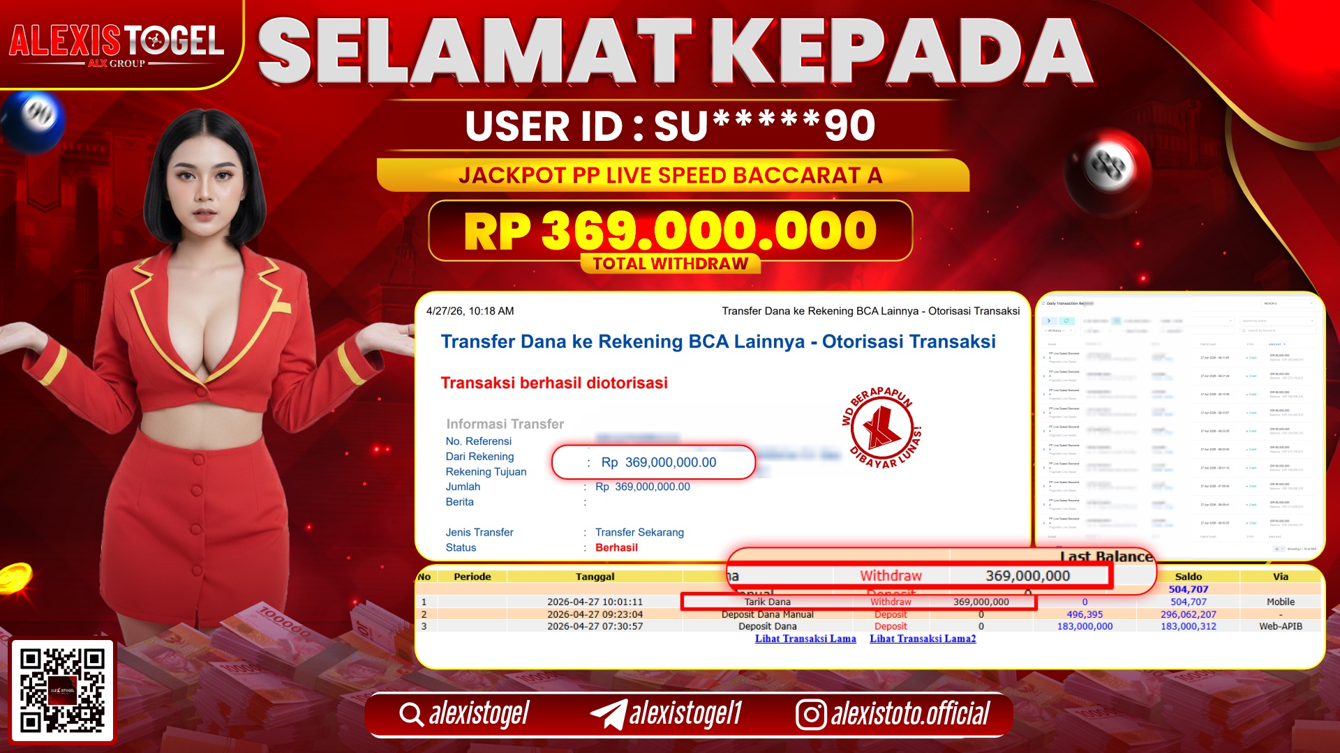 ALEXISTOGEL JACKPOT DI PP LIVE SPEED BACCARAT A RP.369.000.000,- LUNAS