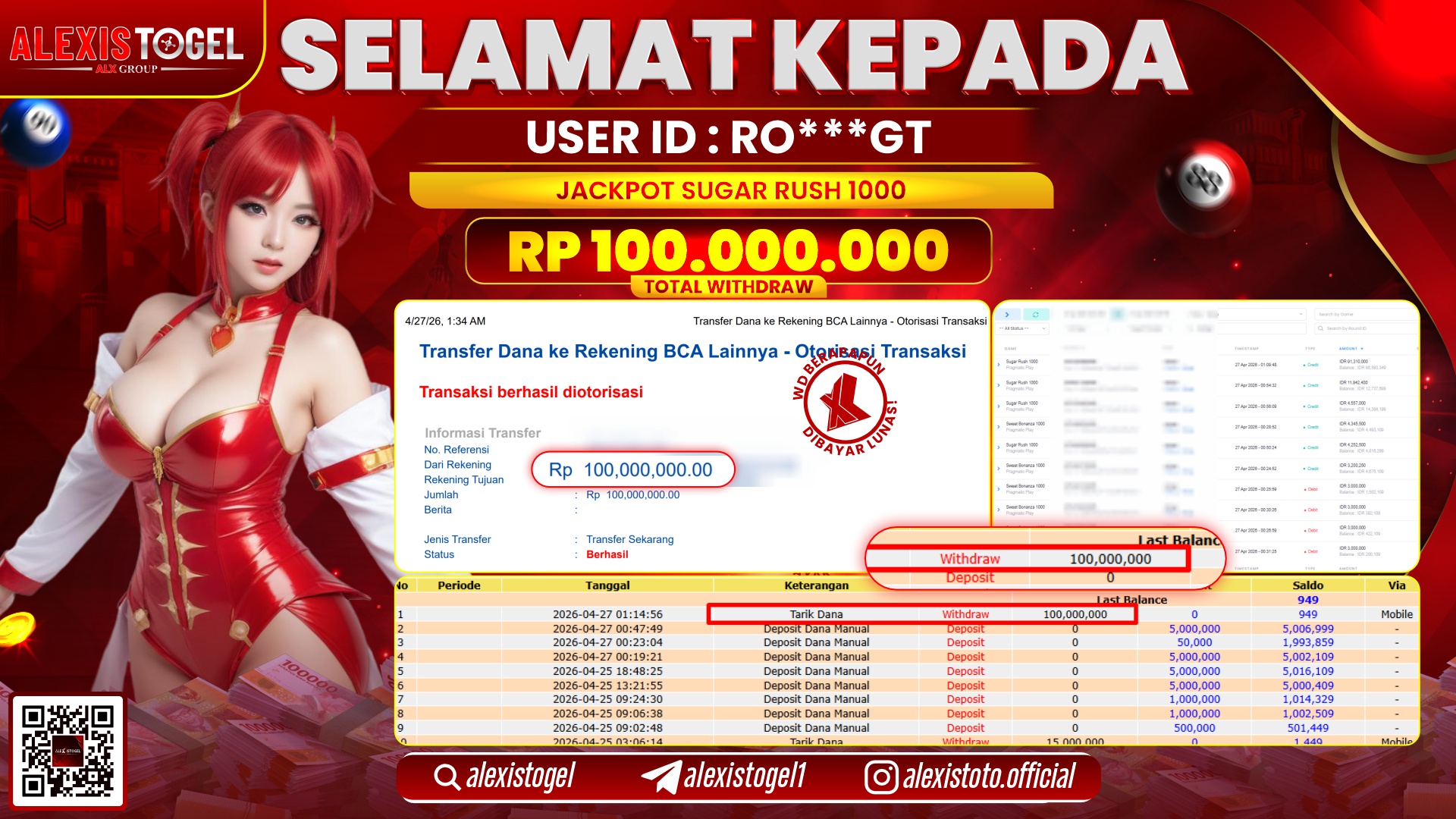 ALEXISTOGEL JACKPOT DI SLOT GAME SUGAR RUSH 1000 RP.100.000.000,- LUNAS