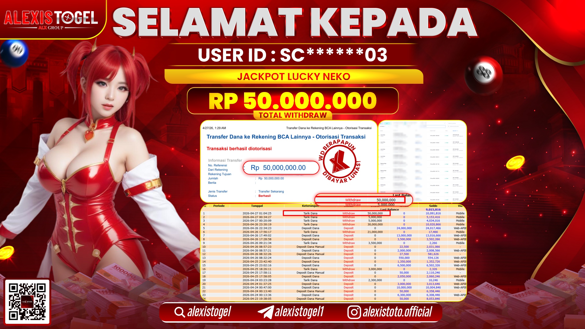 ALEXISTOGEL JACKPOT DI SLOT GAME LUCKY NEKO RP.50.000.000,- LUNAS