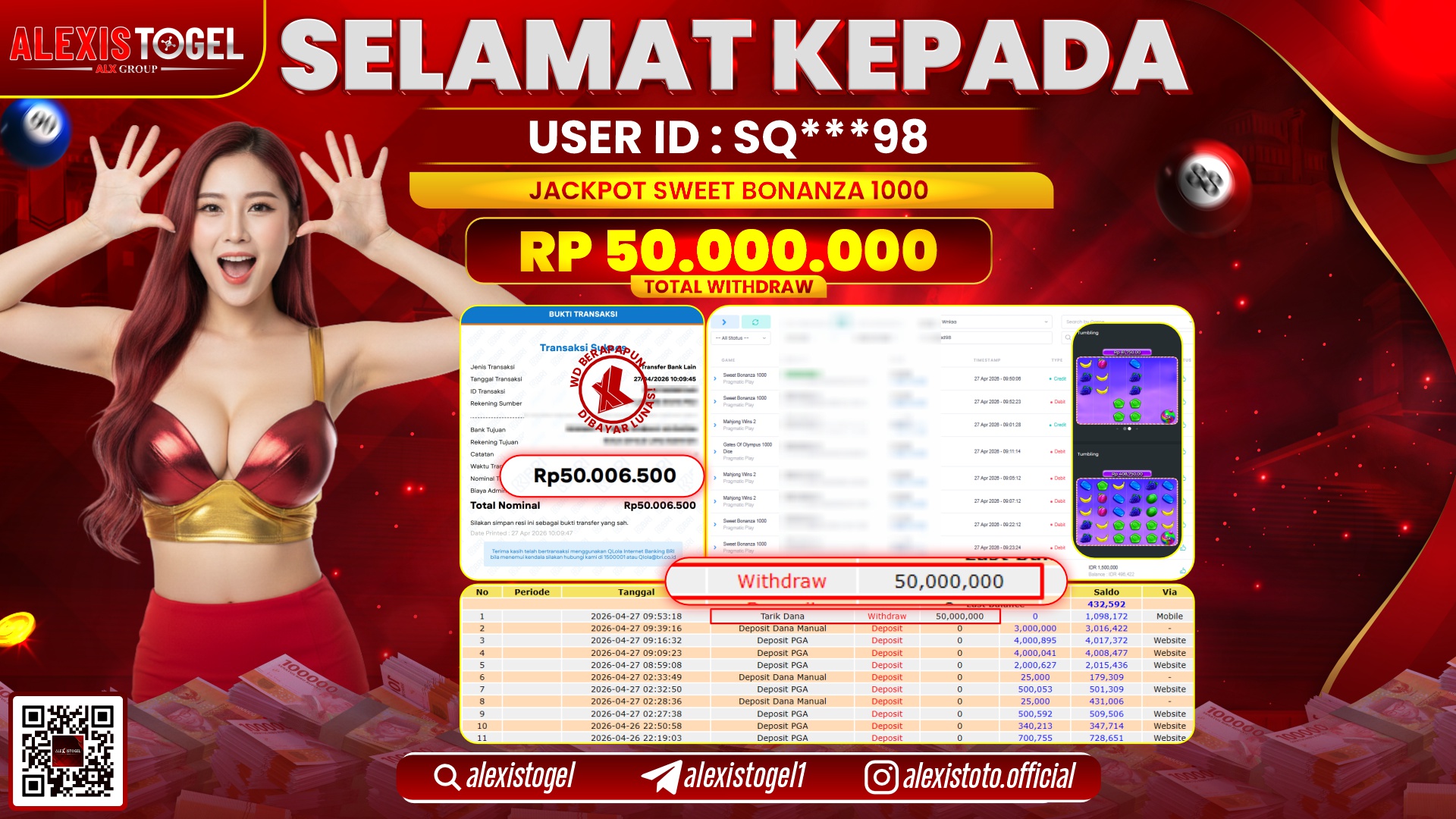 ALEXISTOGEL JACKPOT DI SLOT GAME SWEET BONANZA 1000 RP.50.000.000,- LUNAS