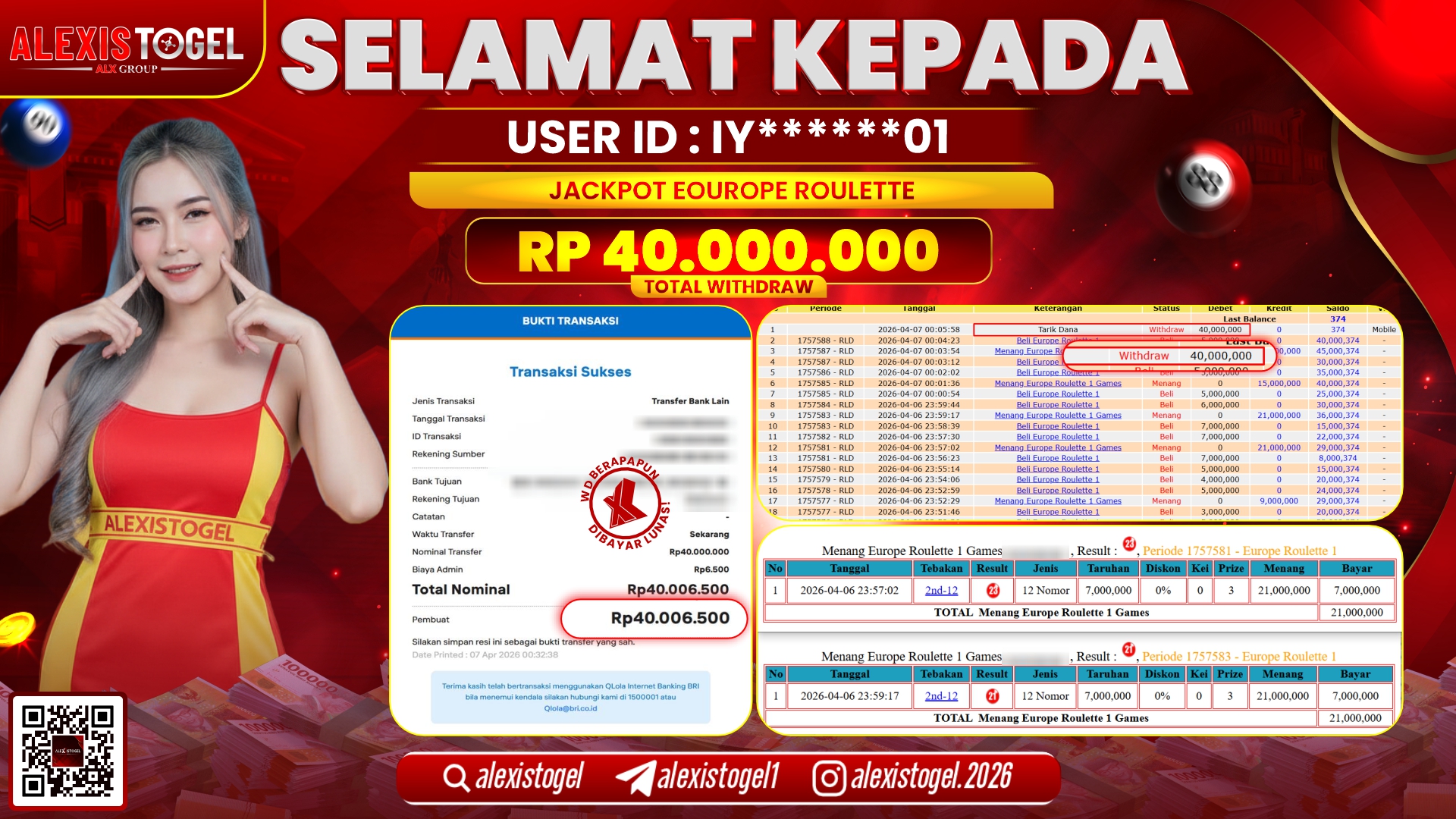 ALEXISTOGEL JACKPOT DI CASINO EOUROPE ROULETTE GAMES RP.40.000.000,- LUNAS