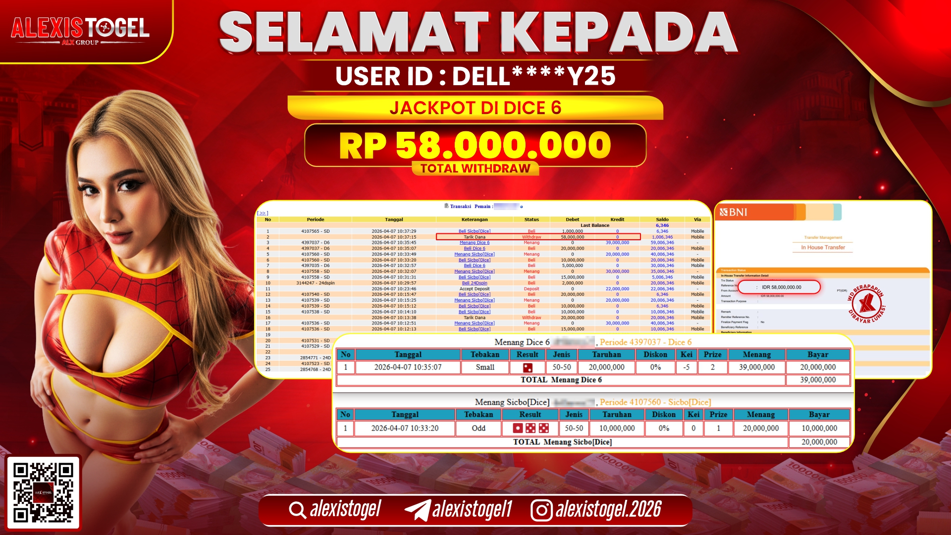 ALEXISTOGEL JACKPOT DI CASINO SICBO DICE 6 GAMES RP.58.000.000,- LUNAS