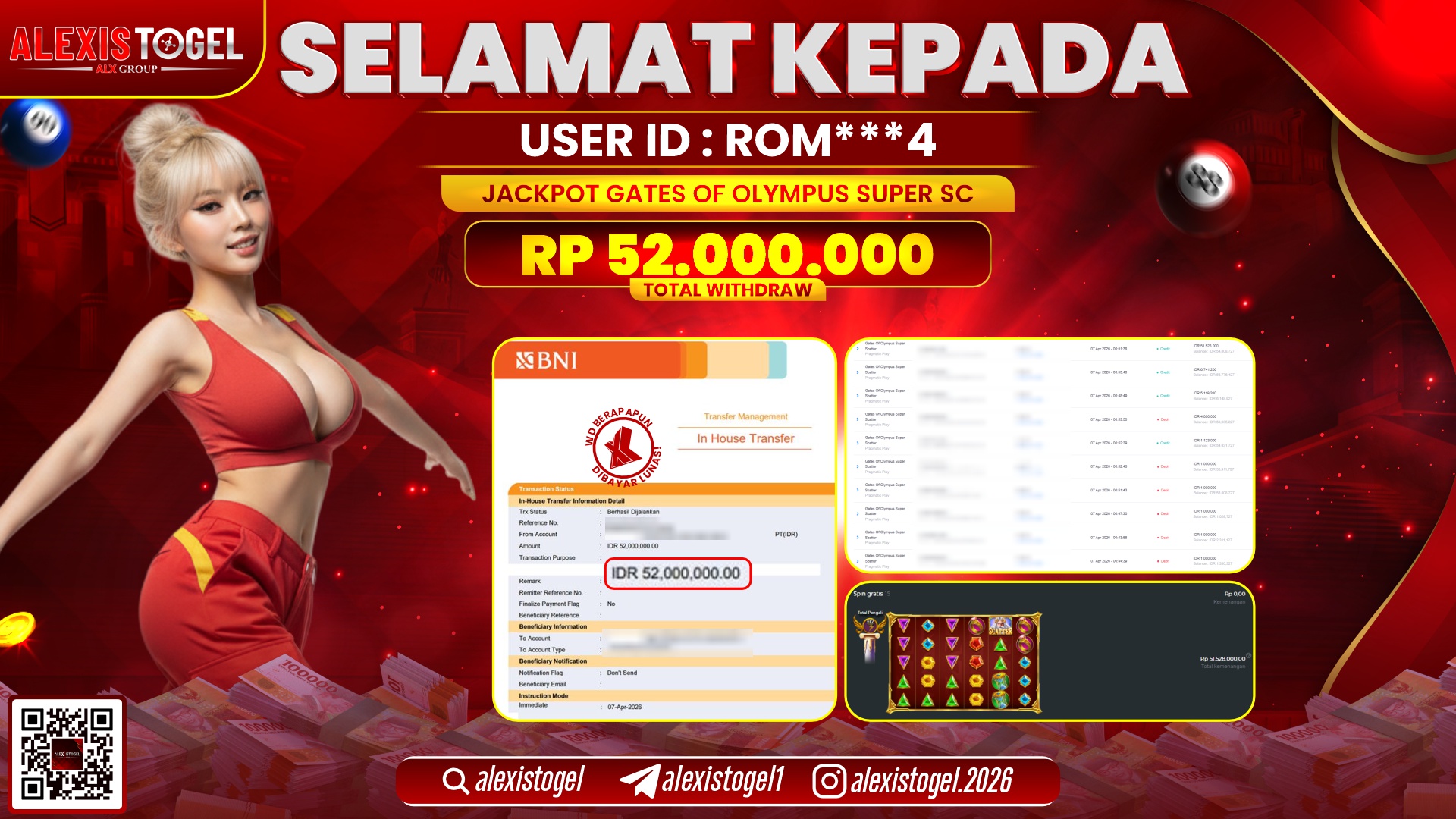 ALEXISTOGEL JACKPOT DI SLOT GAME GATES OF OLYMPUS SUPER SCATTER RP.52.000.000,- LUNAS