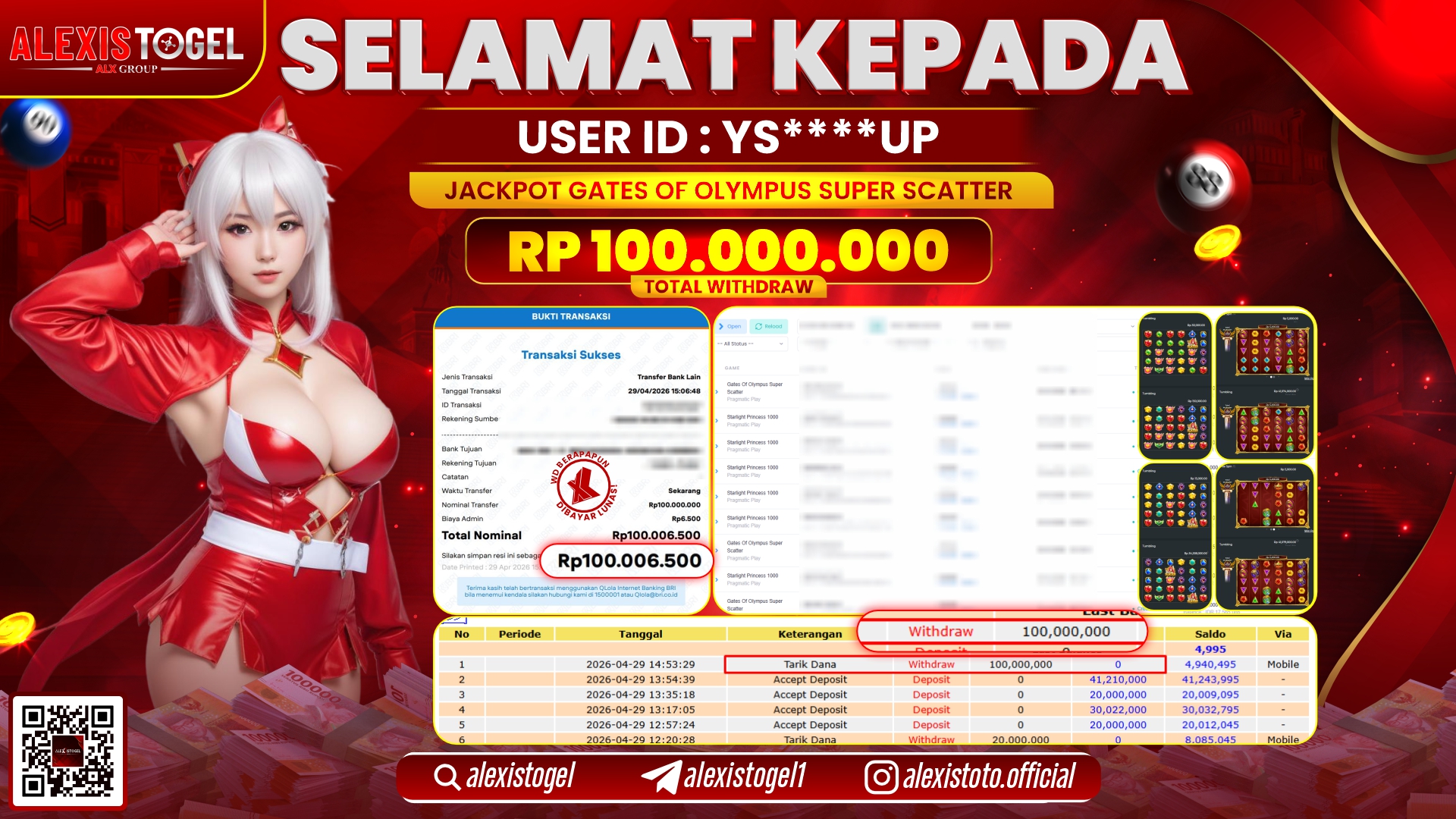 ALEXISTOGEL JACKPOT DI SLOT GAME GATES OF OLYMPUS SUPER SCATTER RP.100.000.000,- LUNAS