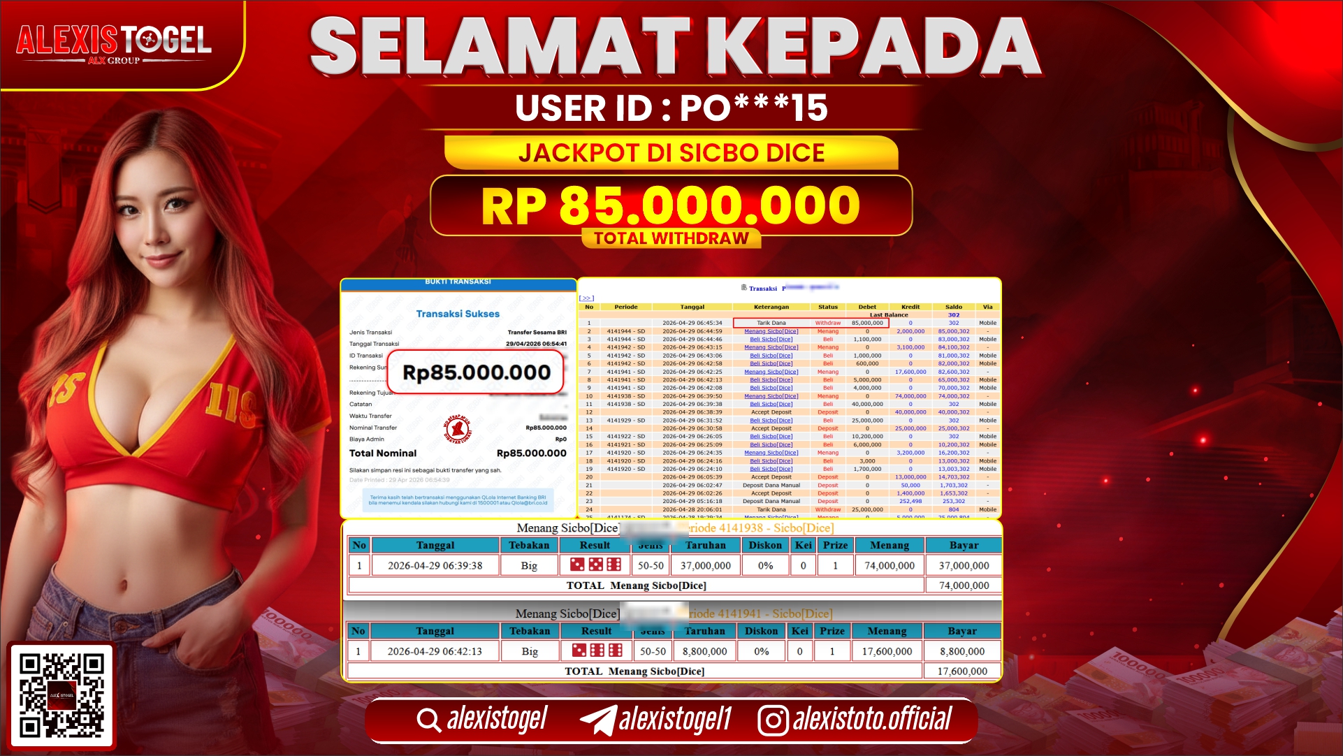 ALEXISTOGEL JACKPOT DI CASINO GAMES SICBO DICE RP.85.000.000,- LUNAS