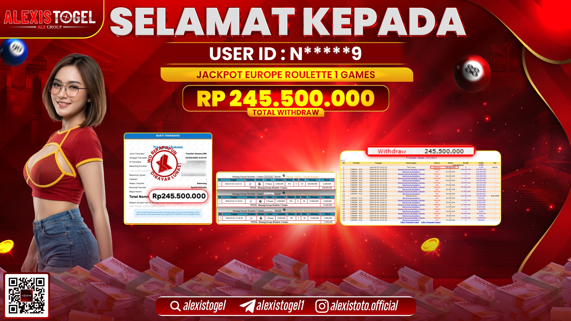 ALEXISTOGEL JACKPOT DI EUROPE ROULETTE 1 GAMES RP.245.500.000,- LUNAS