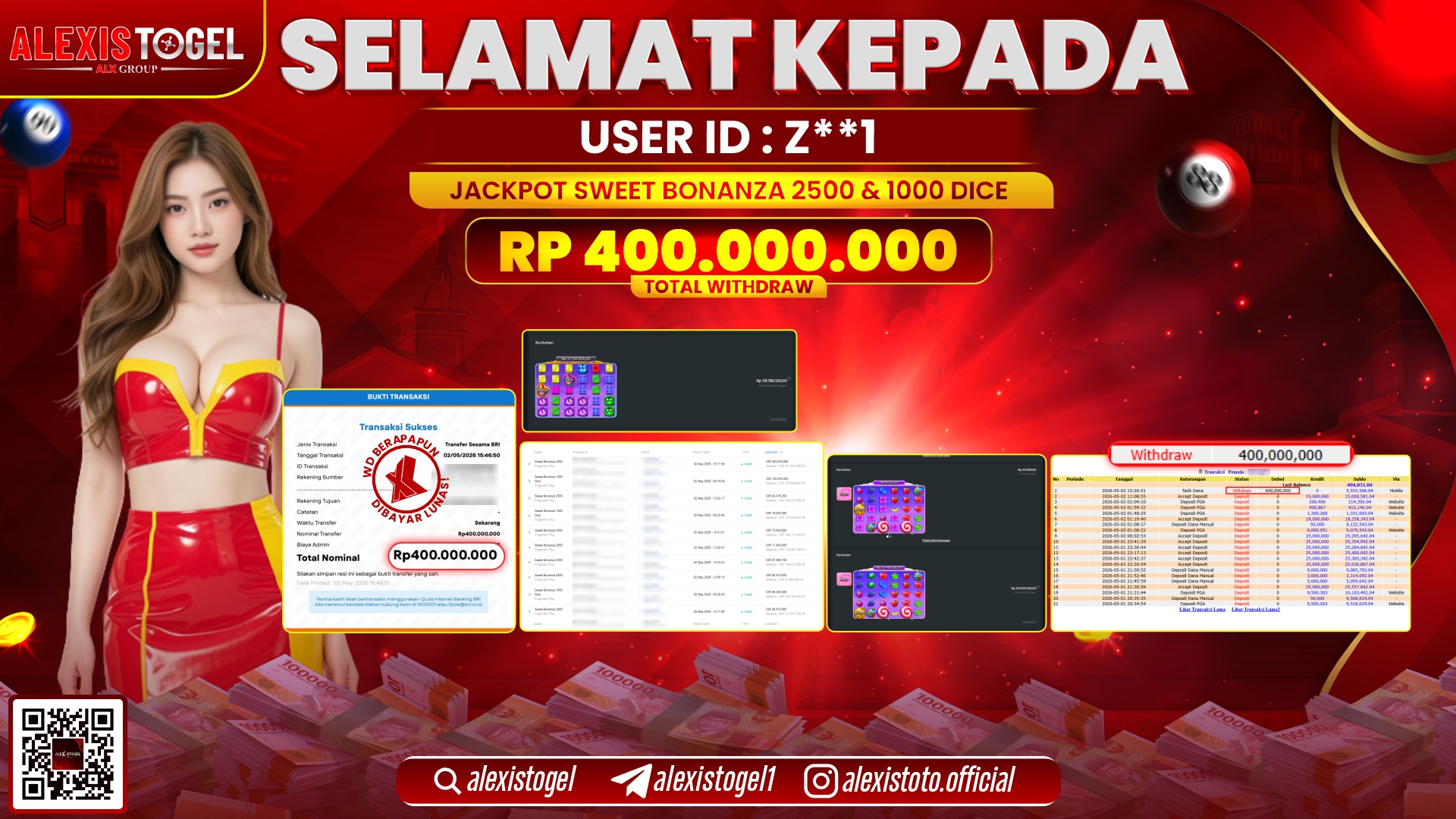 ALEXISTOGEL JACKPOT DI SWEET BONANZA 2500 & 1000 DICE RP.400.000.000,- LUNAS