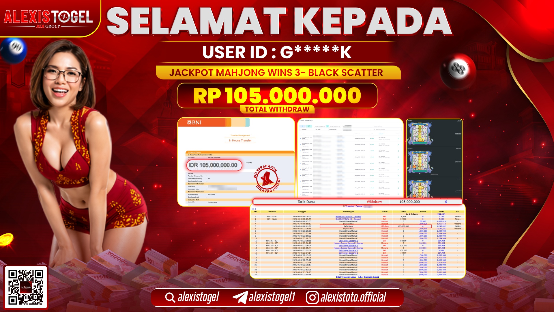 ALEXISTOGEL JACKPOT DI SLOT GAME MAHJONG WAYS 3 BLACK SCATTER RP.105.000.000,- LUNAS