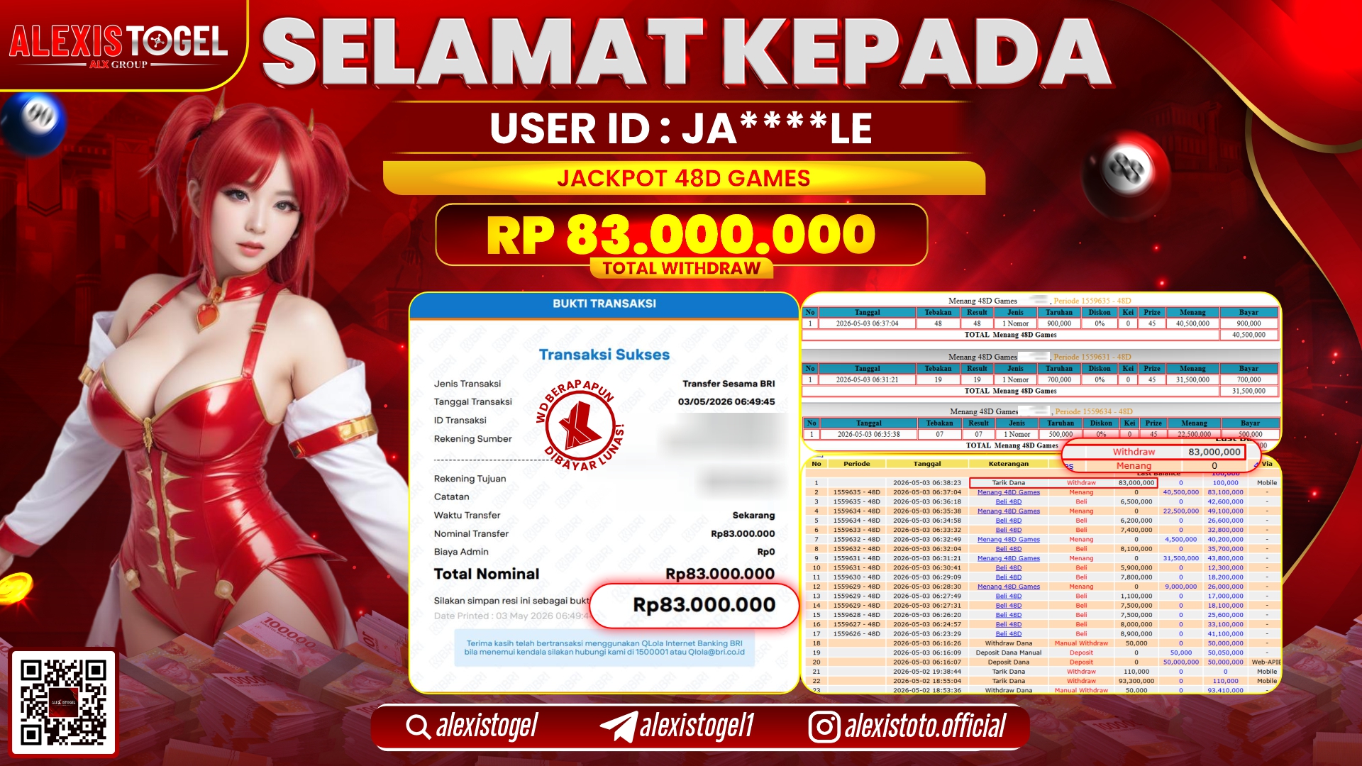 ALEXISTOGEL JACKPOT DI CASINO 48D GAMES RP.83.000.000,- LUNAS