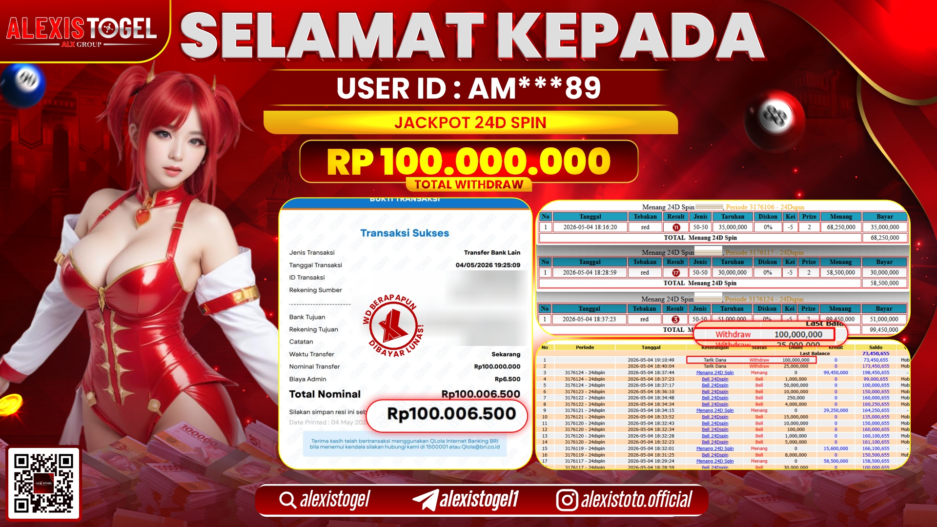 ALEXISTOGEL JACKPOT DI CASINO GAMES 24D SPIN RP.100.000.000,- LUNAS