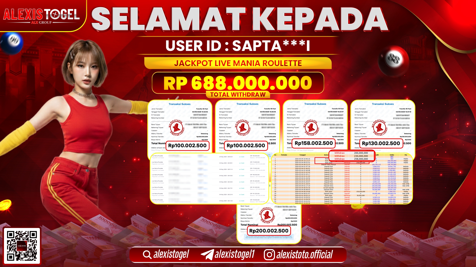 ALEXISTOGEL JACKPOT DI LIVE MANIA ROULETTE RP.688.000.000,- LUNAS
