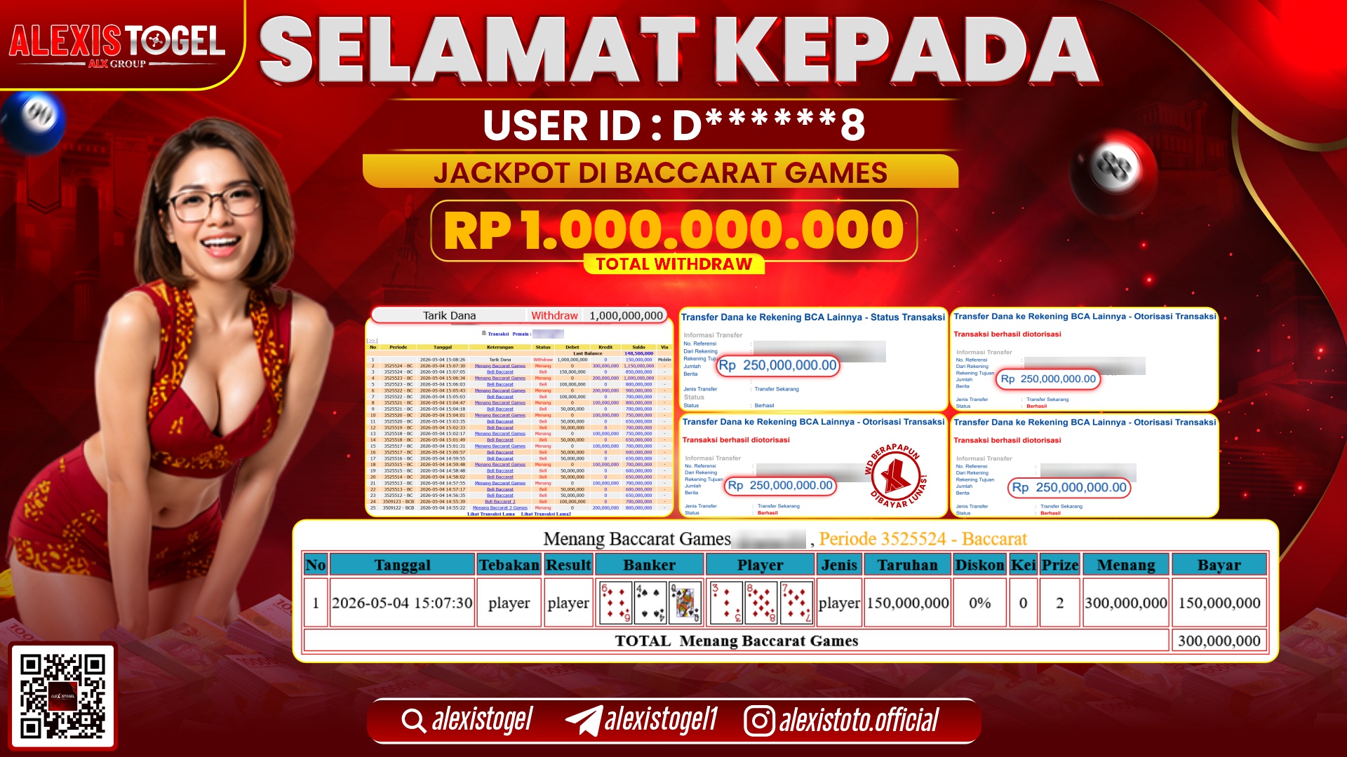 ALEXISTOGEL JACKPOT DI CASINO BACCARAT GAMES RP.1.000.000.000,- LUNAS
