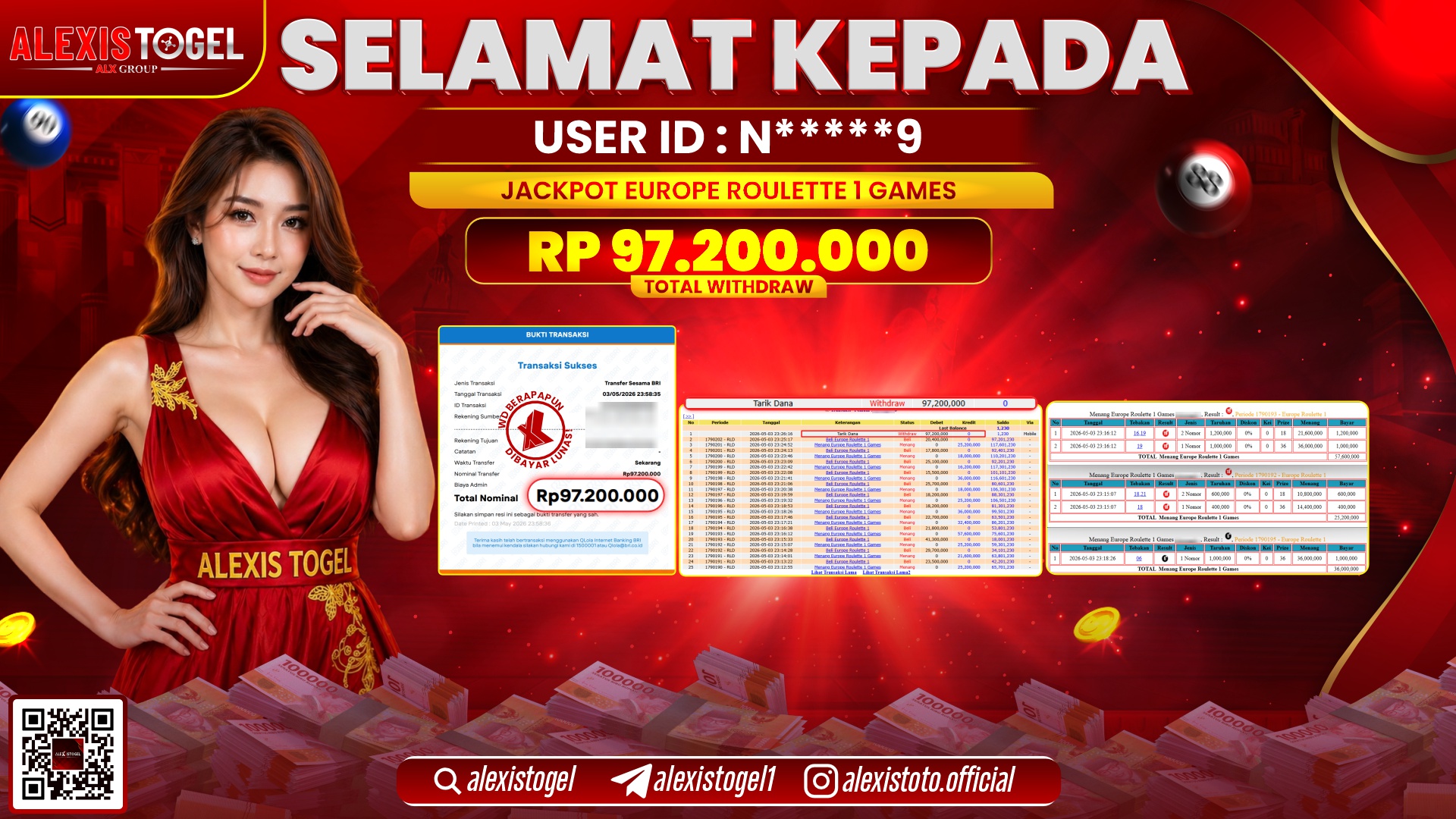 ALEXISTOGEL JACKPOT DI CASINO EUROPE ROULETTE 1 GAMES RP.97.200.000,- LUNAS