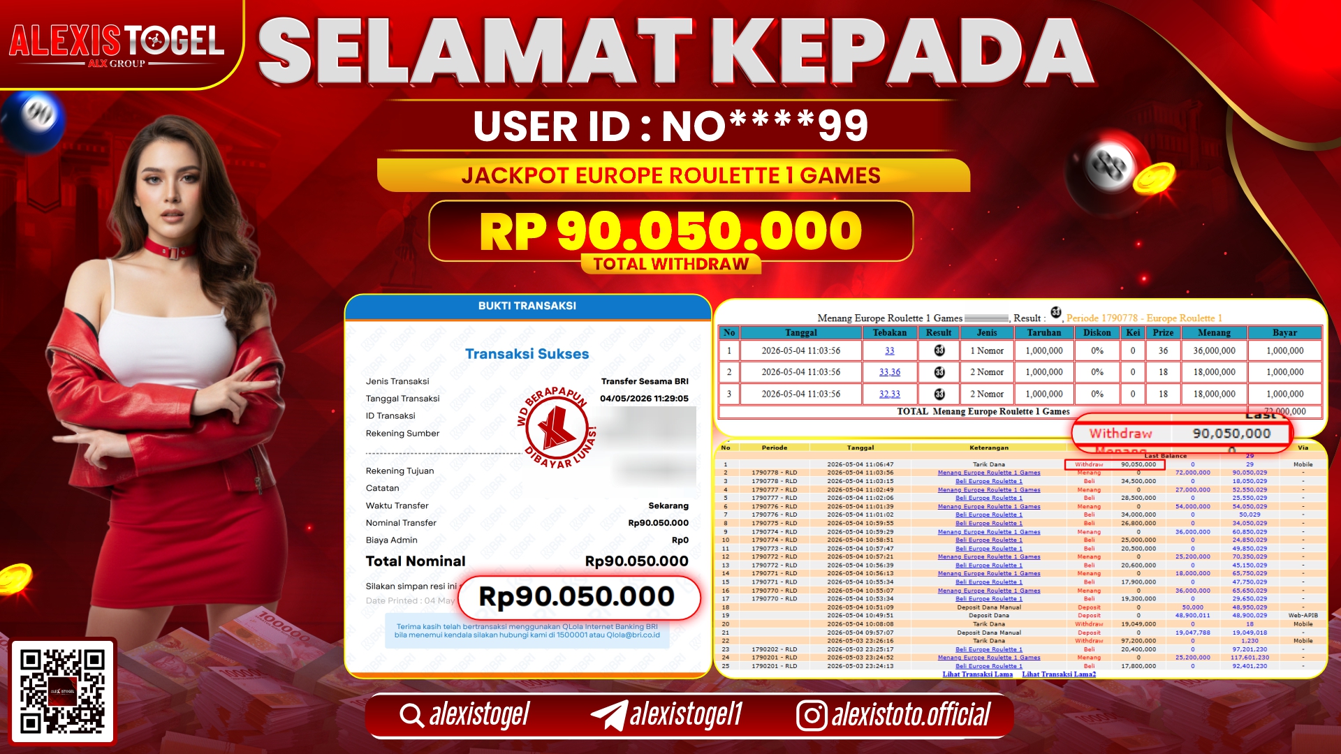 ALEXISTOGEL JACKPOT DI CASINO EUROPE ROULETTE 1 GAMES RP.90.050.000,- LUNAS