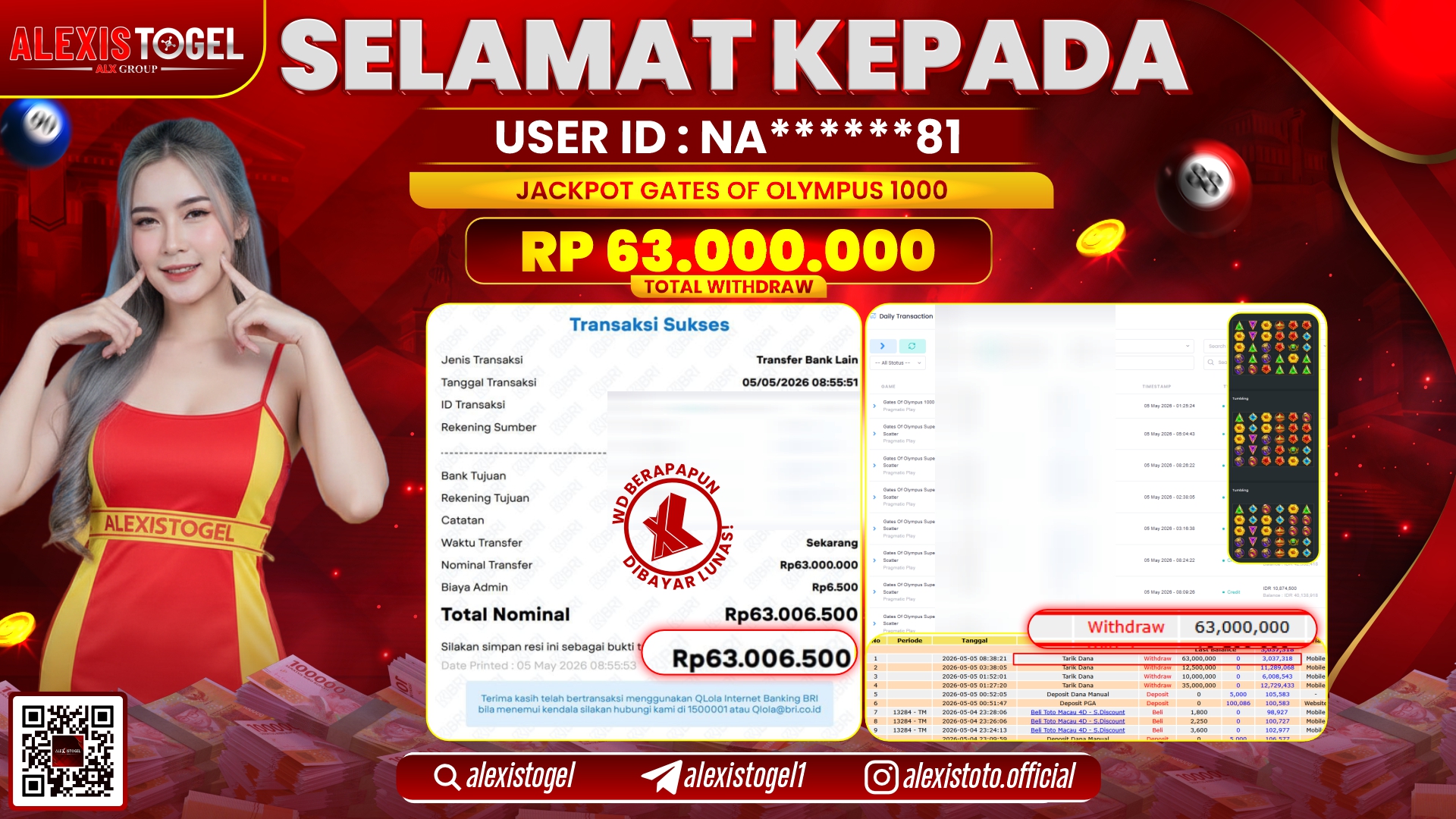 ALEXISTOGEL JACKPOT DI SLOT GAME GATES OF OLYMPUS RP.63.000.000,- LUNAS