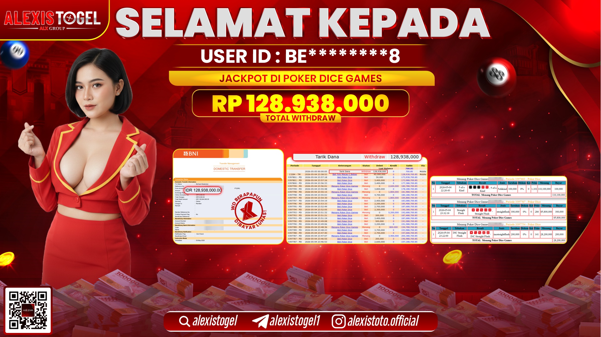 ALEXISTOGEL JACKPOT DI POKER DICE GAMES RP.128.938.000,- LUNAS