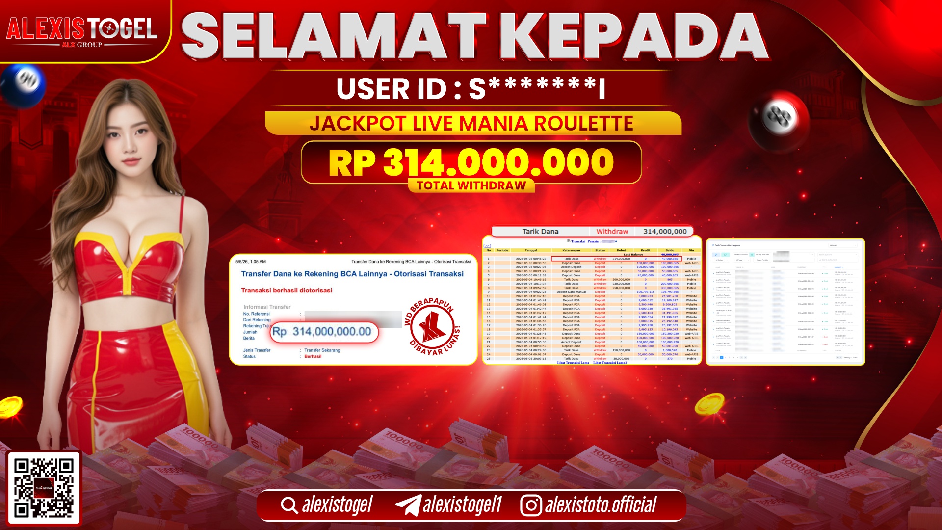 ALEXISTOGEL JACKPOT DI LIVE MANIA ROULETTE RP.314.000.000,- LUNAS