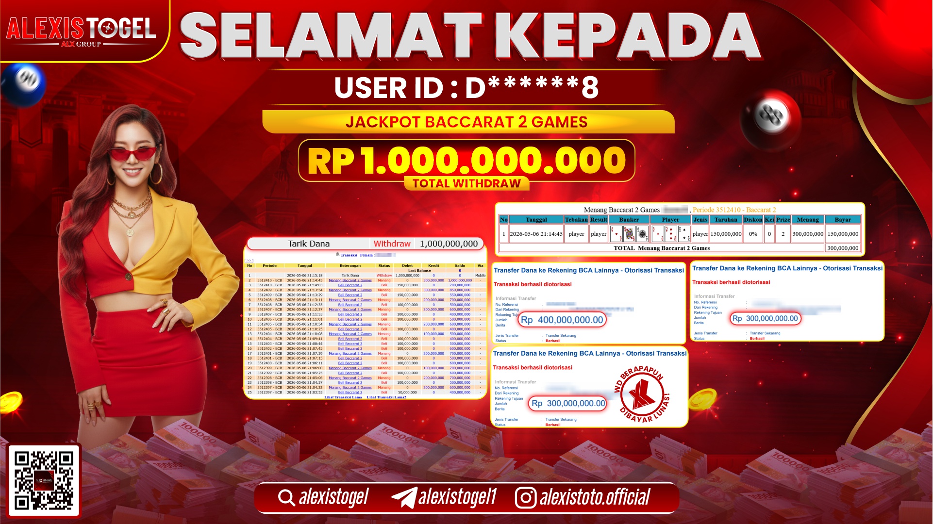 ALEXISTOGEL JACKPOT DI CASINO BACCARAT 2 GAMES RP.1.000.000.000,- LUNAS