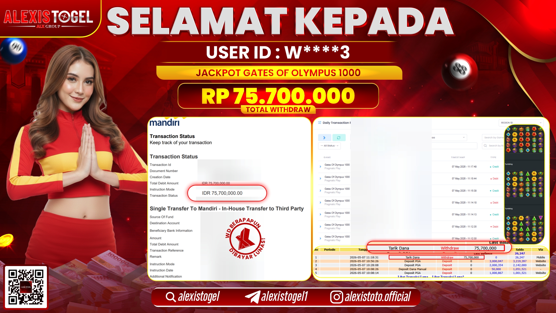 ALEXISTOGEL JACKPOT DI GATES OF OLYMPUS 1000 RP.75.700.000,- LUNAS